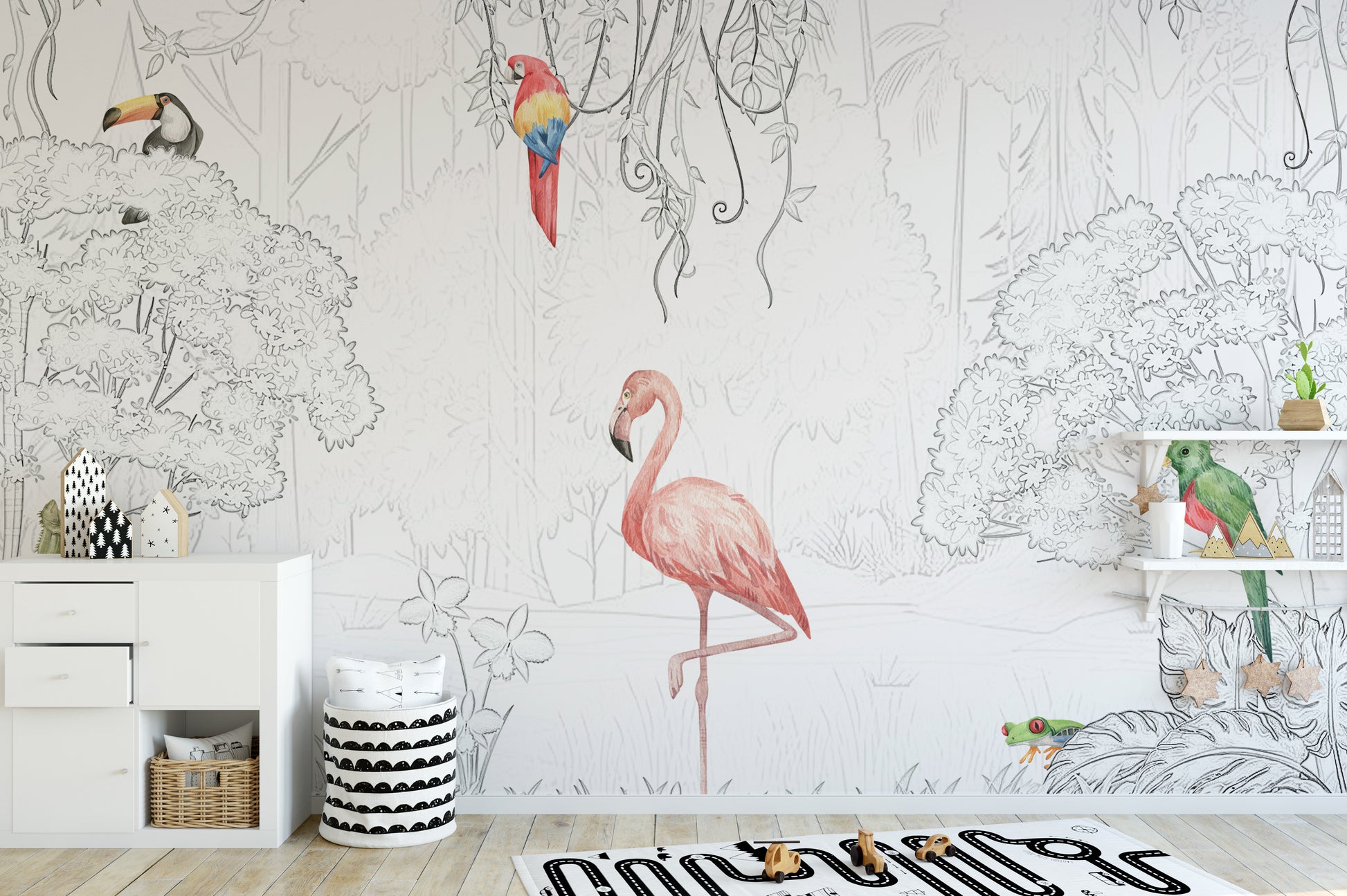 Artistic tropical aviary wallpaper with exotic birds