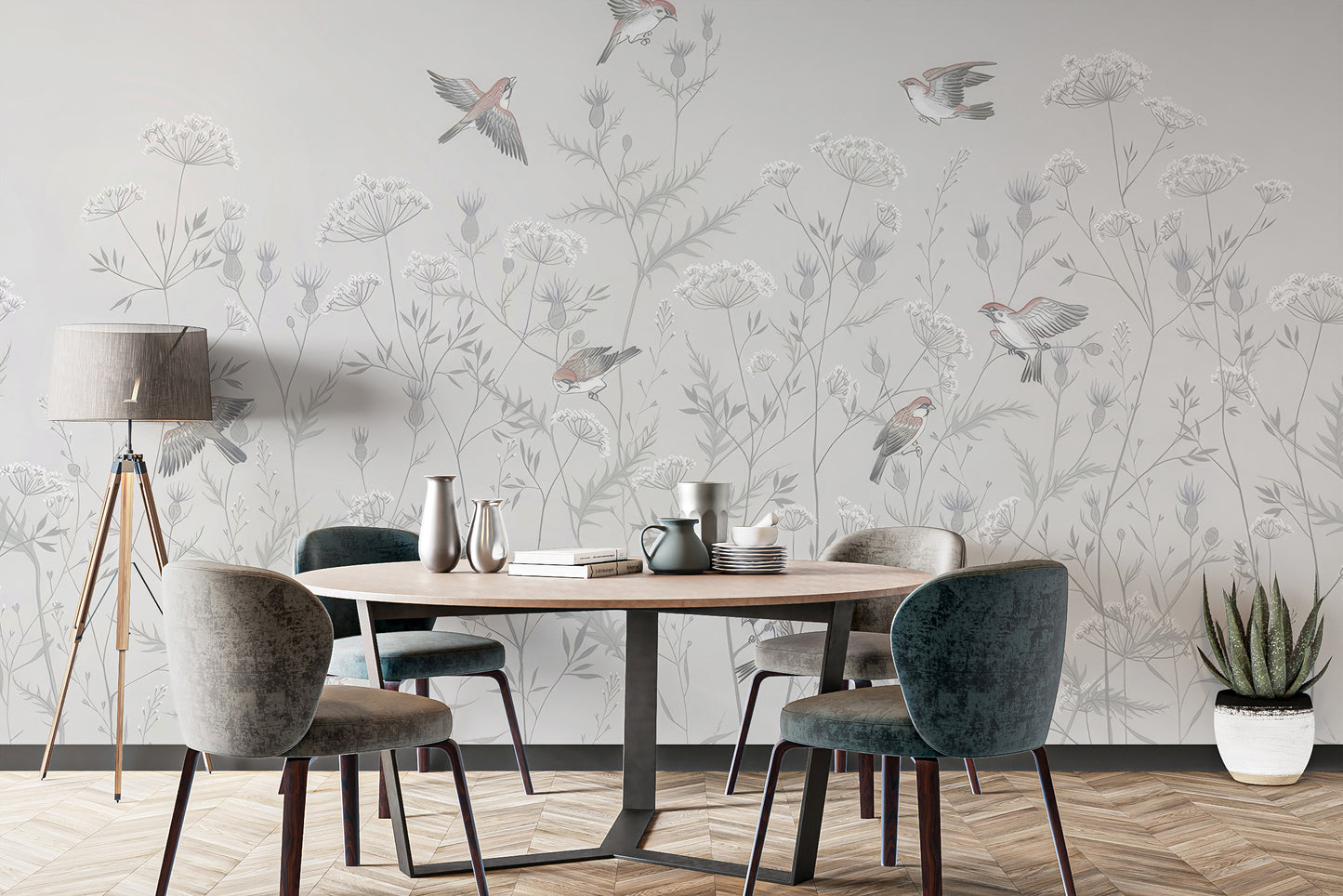 Scenic avian garden mural for cozy spaces