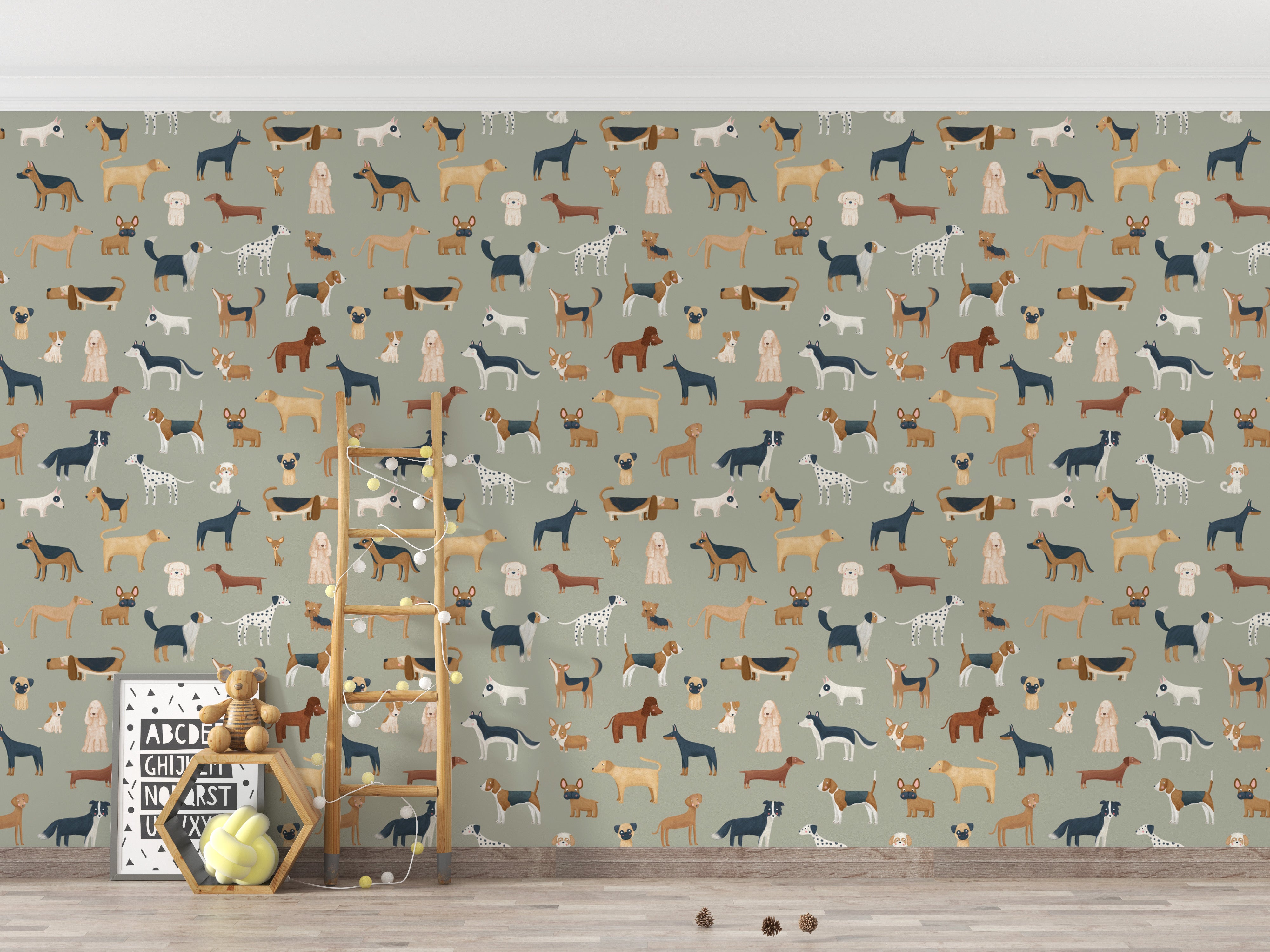 Cute dog-themed nursery wallpaper design
