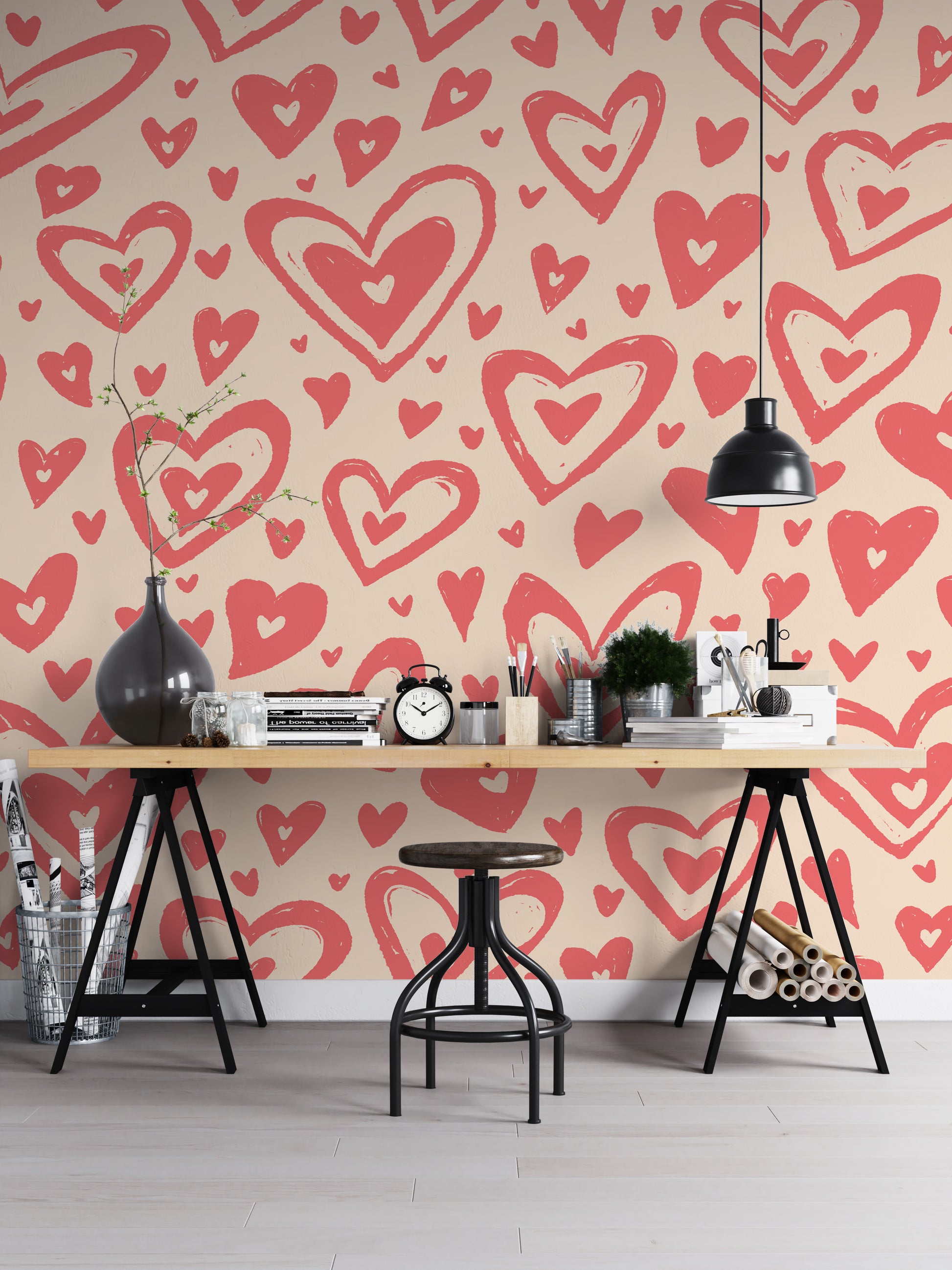 Elegant pink hearts mural for a dreamy and cozy atmosphere.
