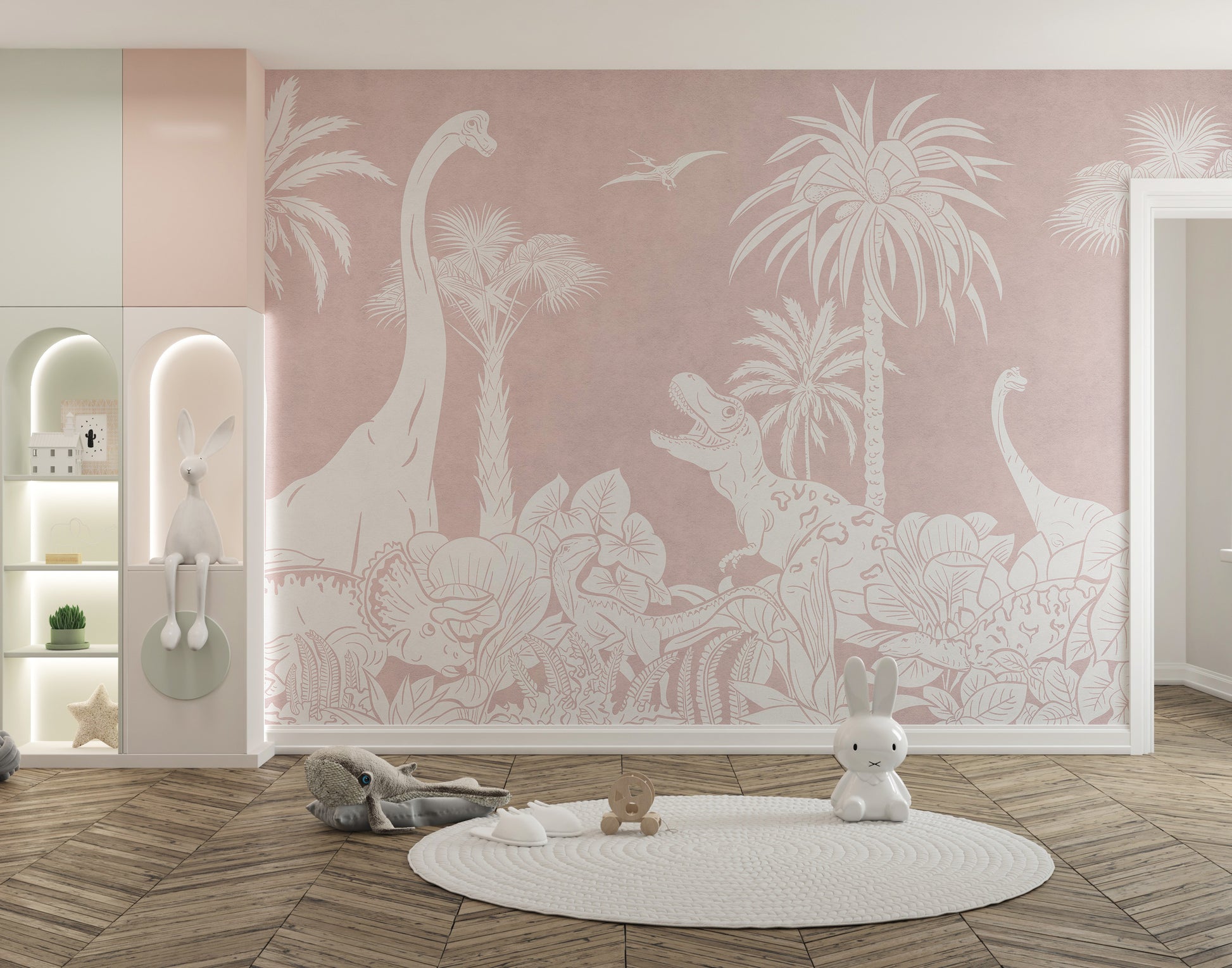 Monochrome dinosaur mural with tropical plants and trees.