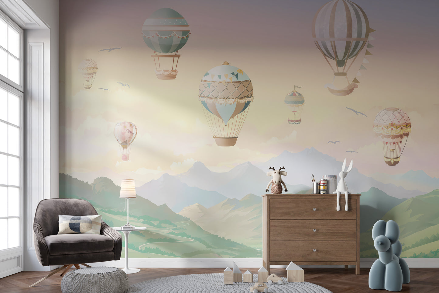 Scenic nursery wallpaper: flying balloon theme