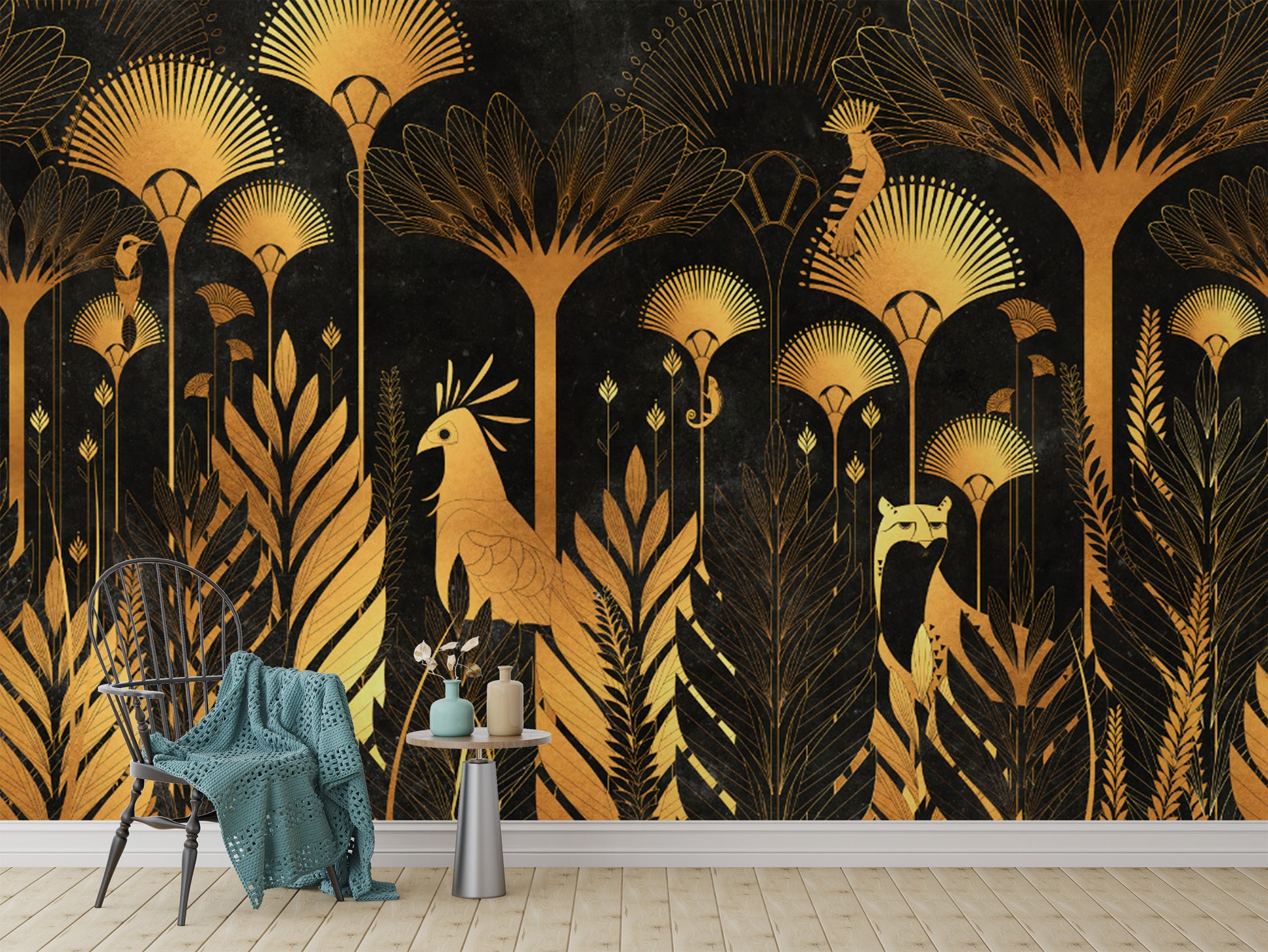 Luxurious Art Deco Jungle Wallpaper Featuring Golden Parrots
