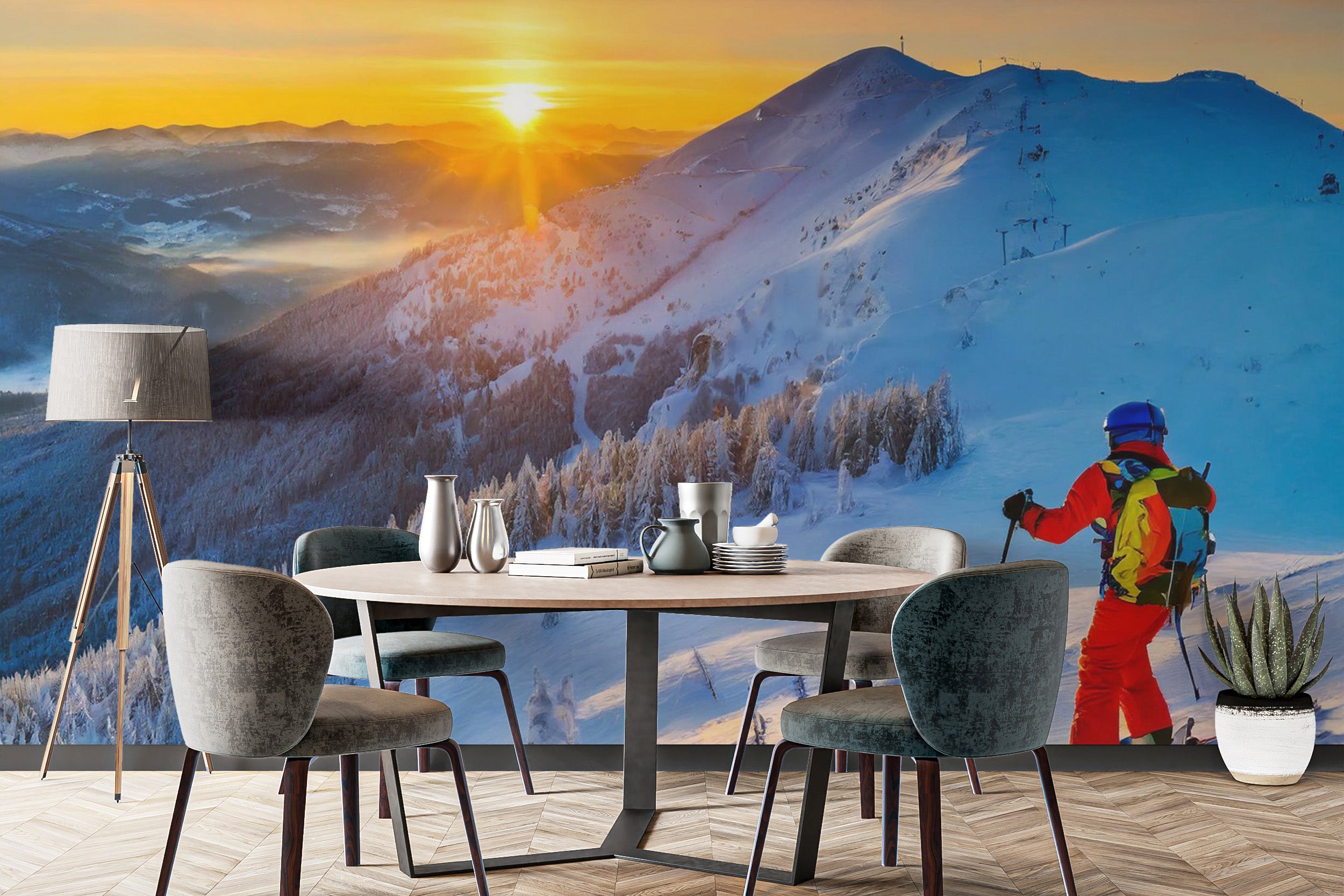 Sophisticated Alpine Dawn Skiing Adventure mural for dining room walls.