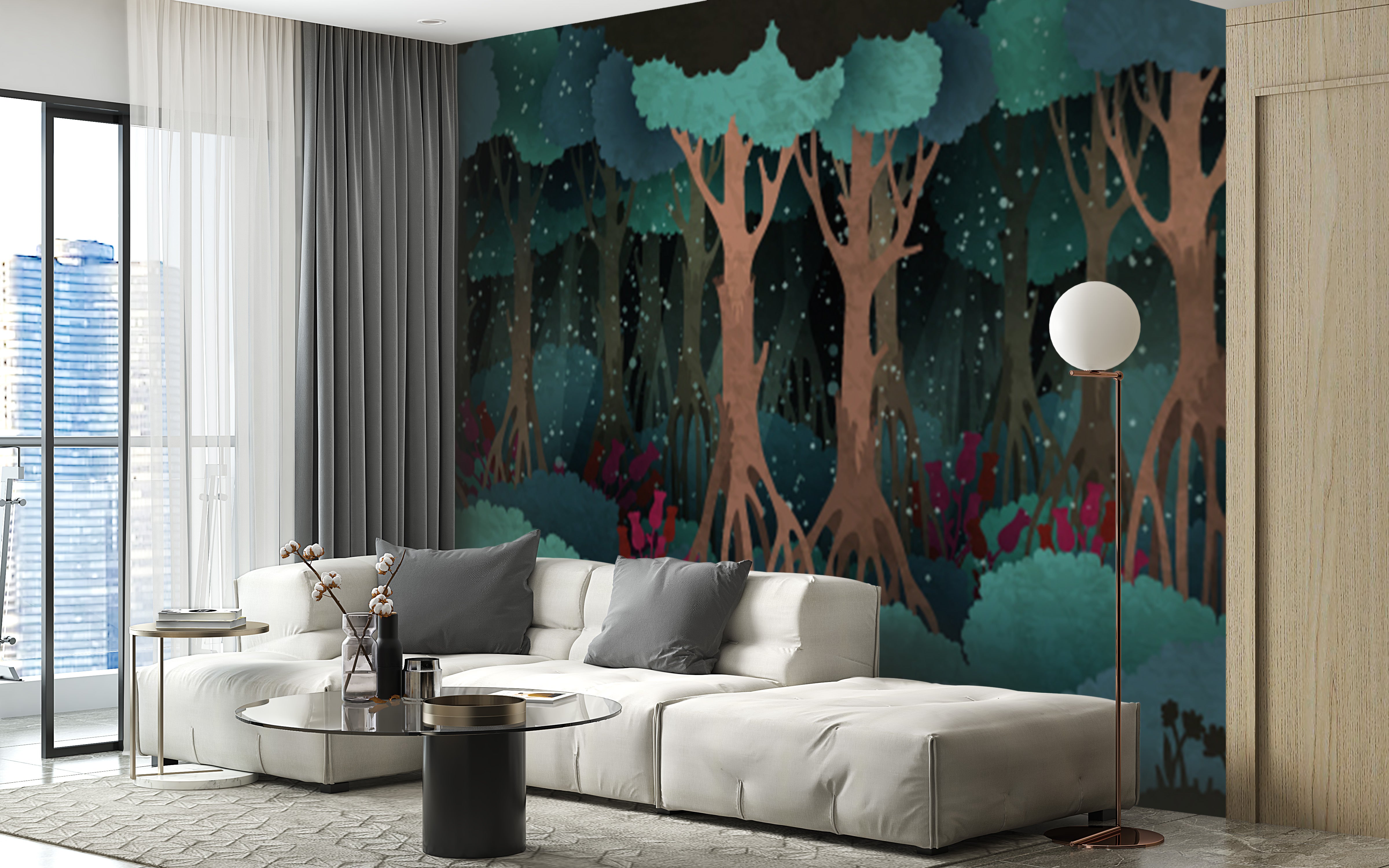 Enchanting green forest wall mural design
