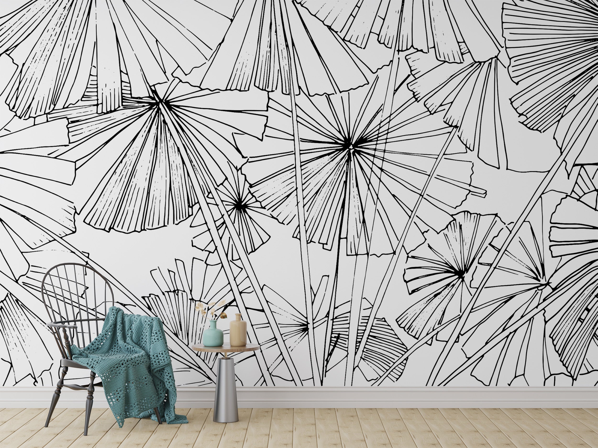 Elegant monochrome palm leaf pattern wallpaper
