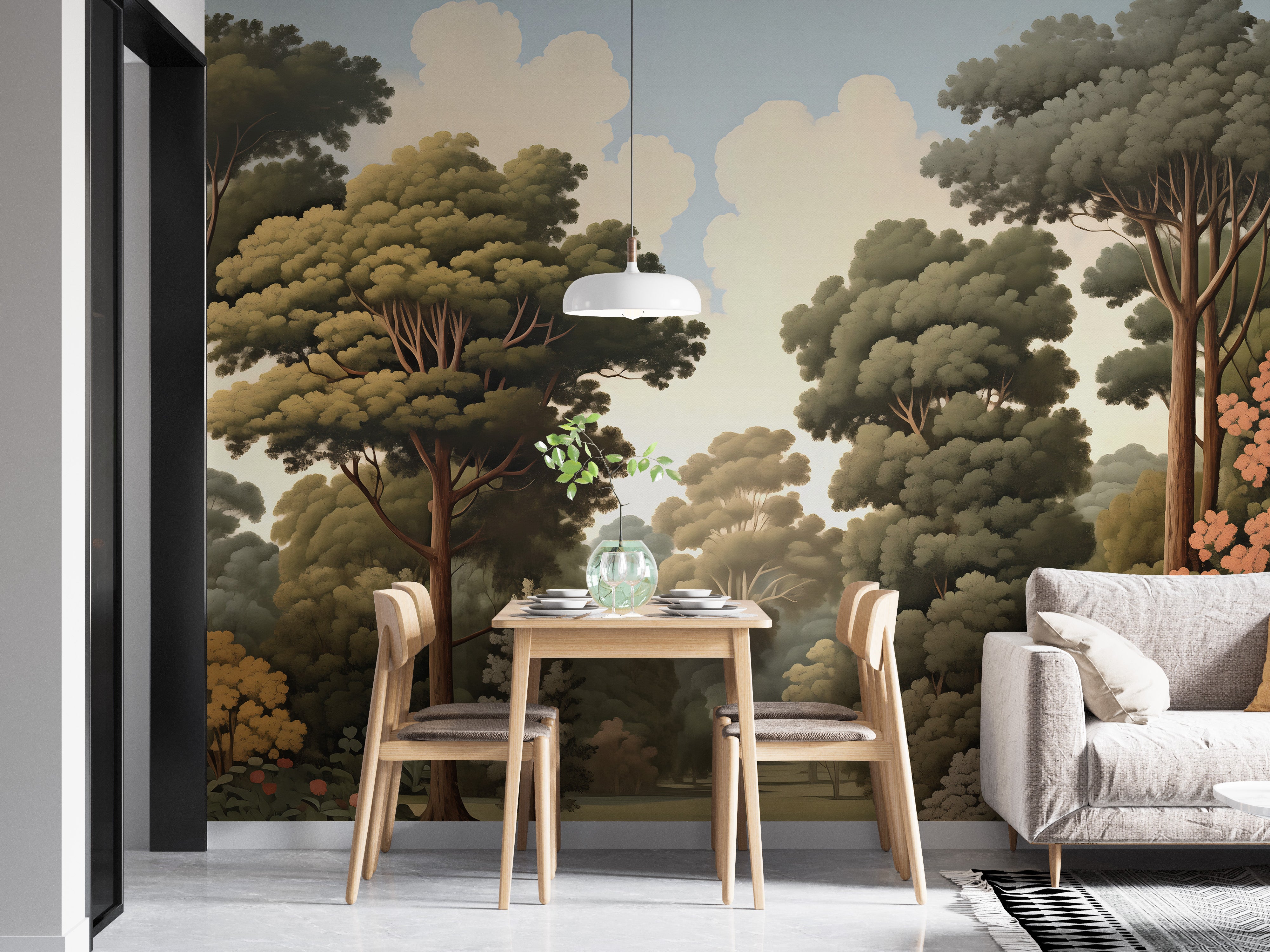 Transform your space with forest woodcut green nature wallpaper murals.
