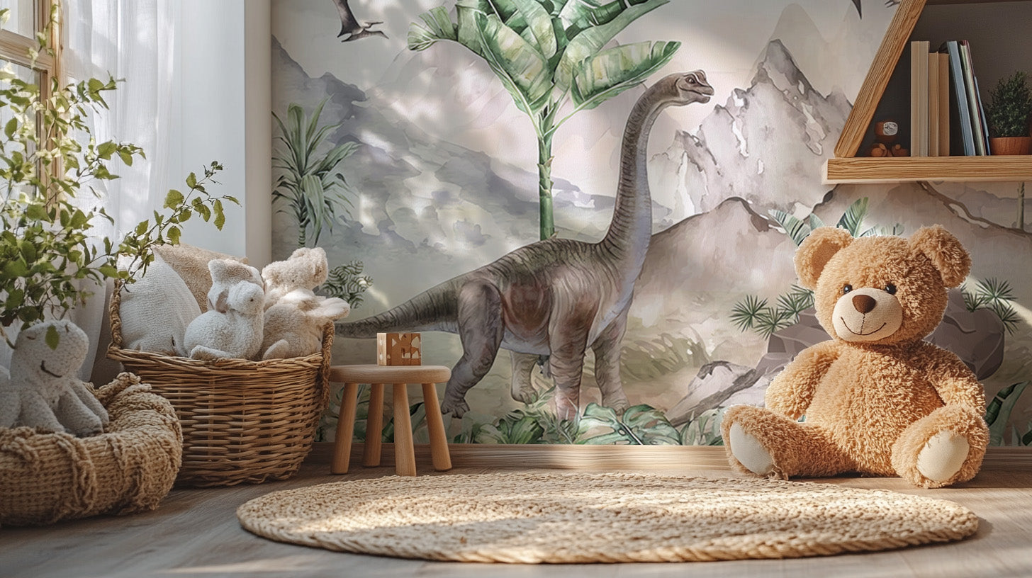 Dinosaur-themed mural ideal for playful kids' decor