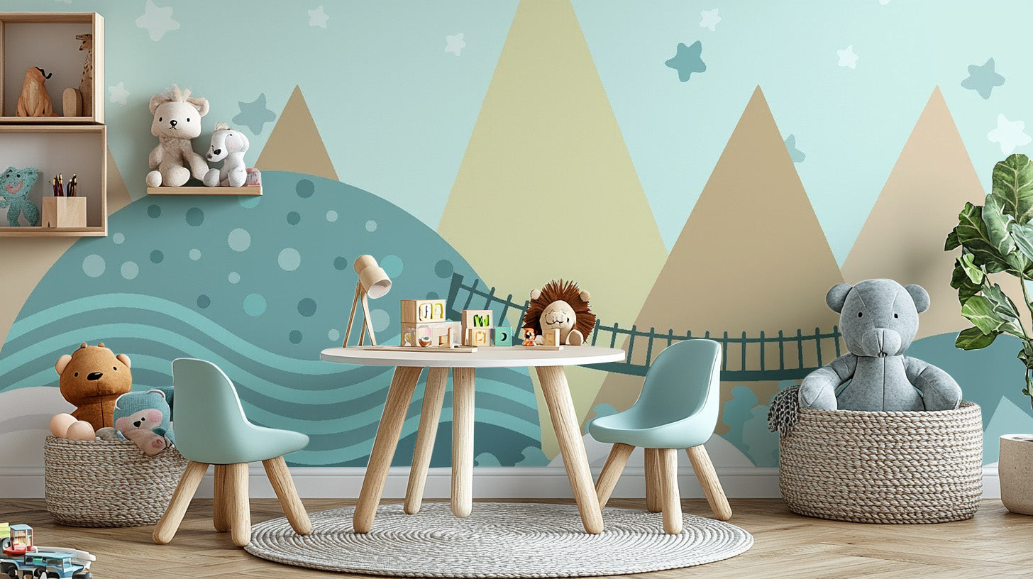 Pastel-themed animated motifs in Kids Wallpaper design
