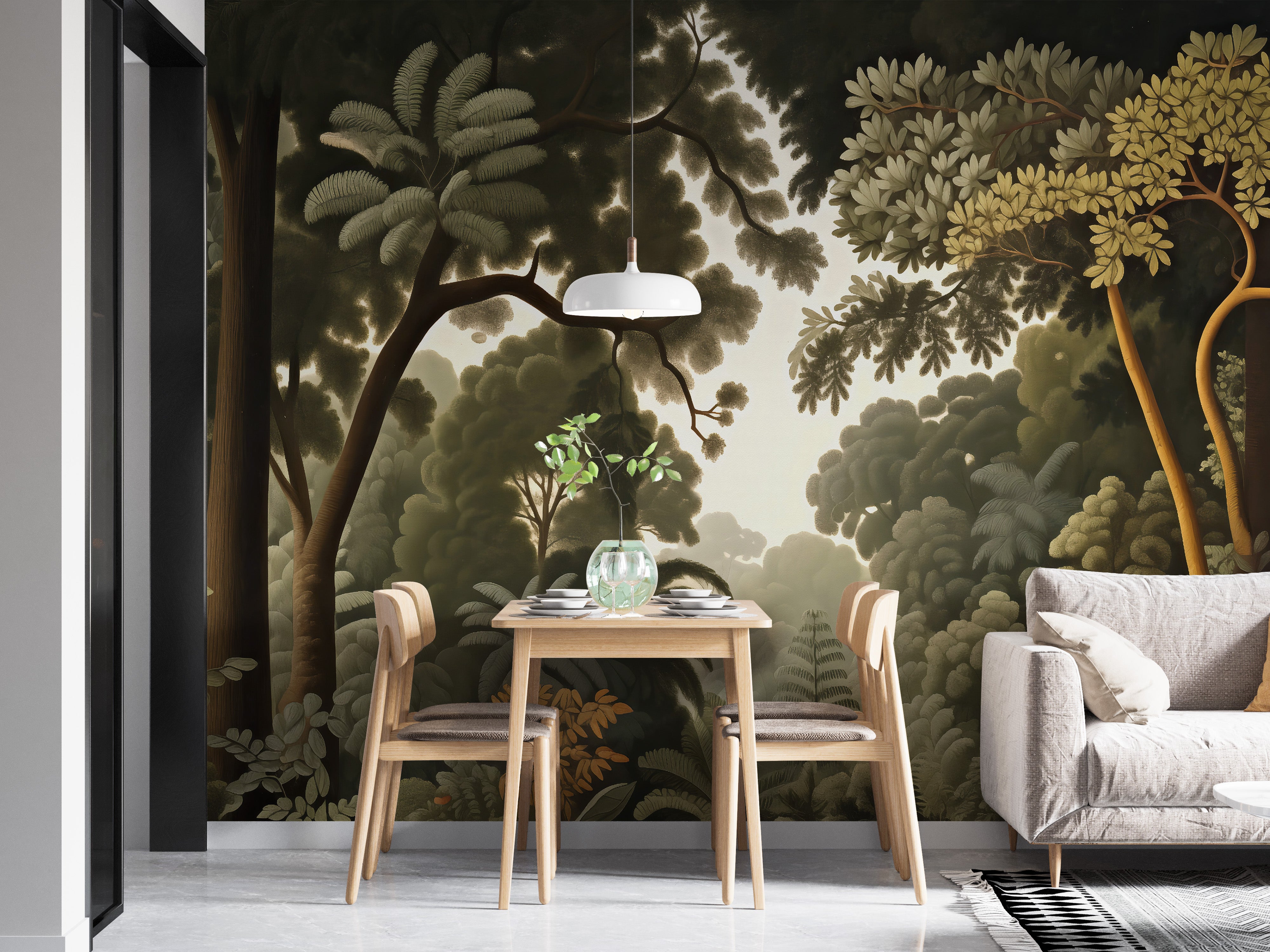 Woodcut green botanical wallpaper for a calming vibe.
