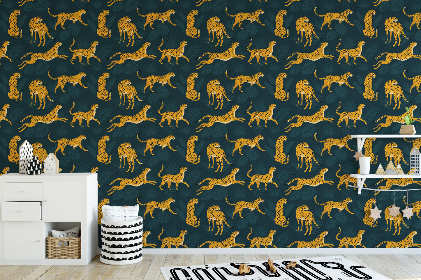 Leopard print peel-and-stick wallpaper.
