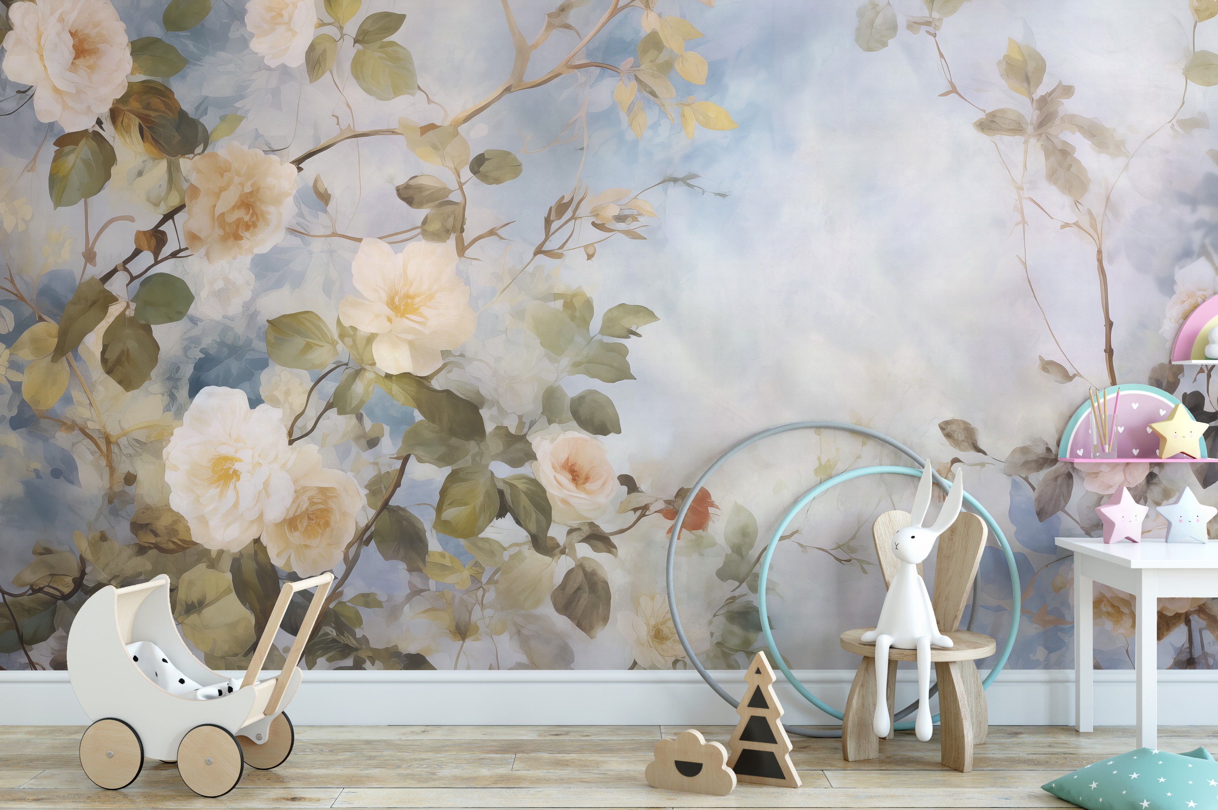 Soft and elegant white roses blue sky wallpaper murals for a timeless decor.
