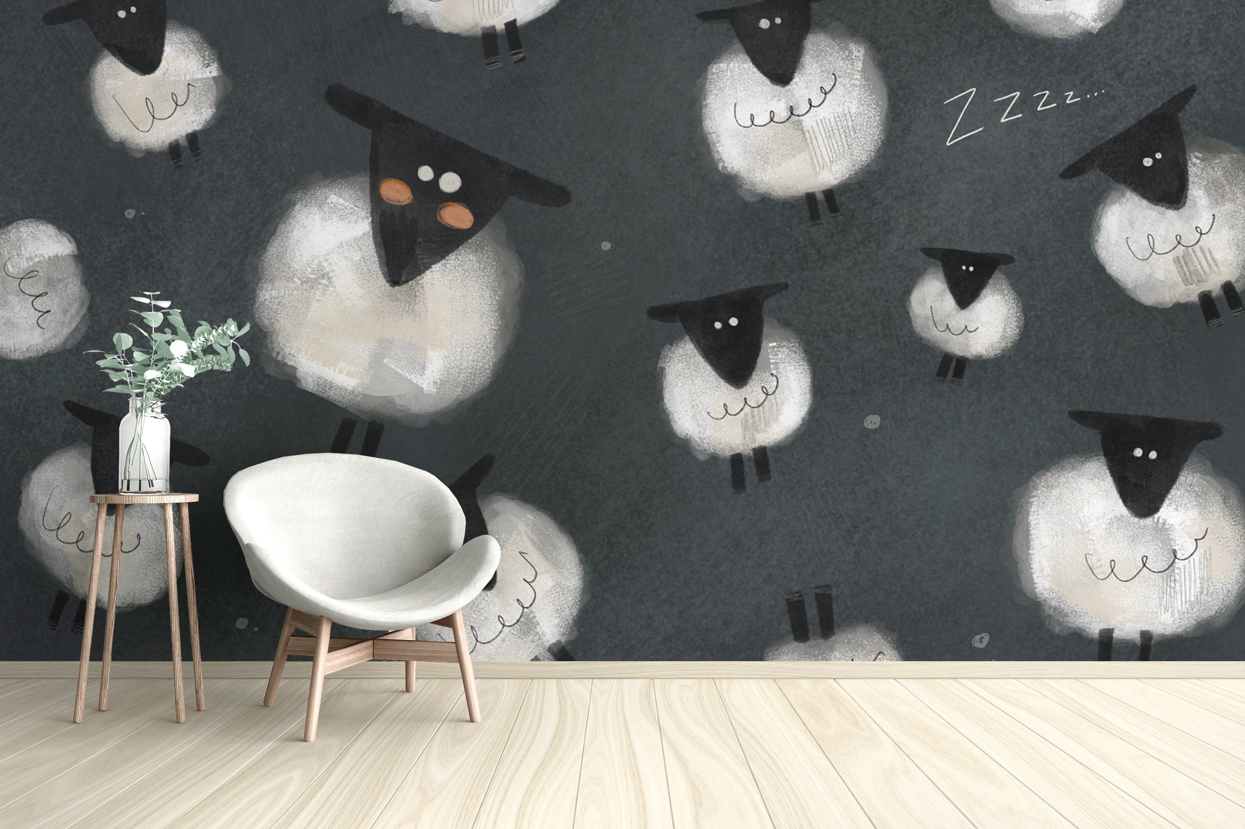 Dreamy dark sheep wallpaper with floating fluffy sheep
