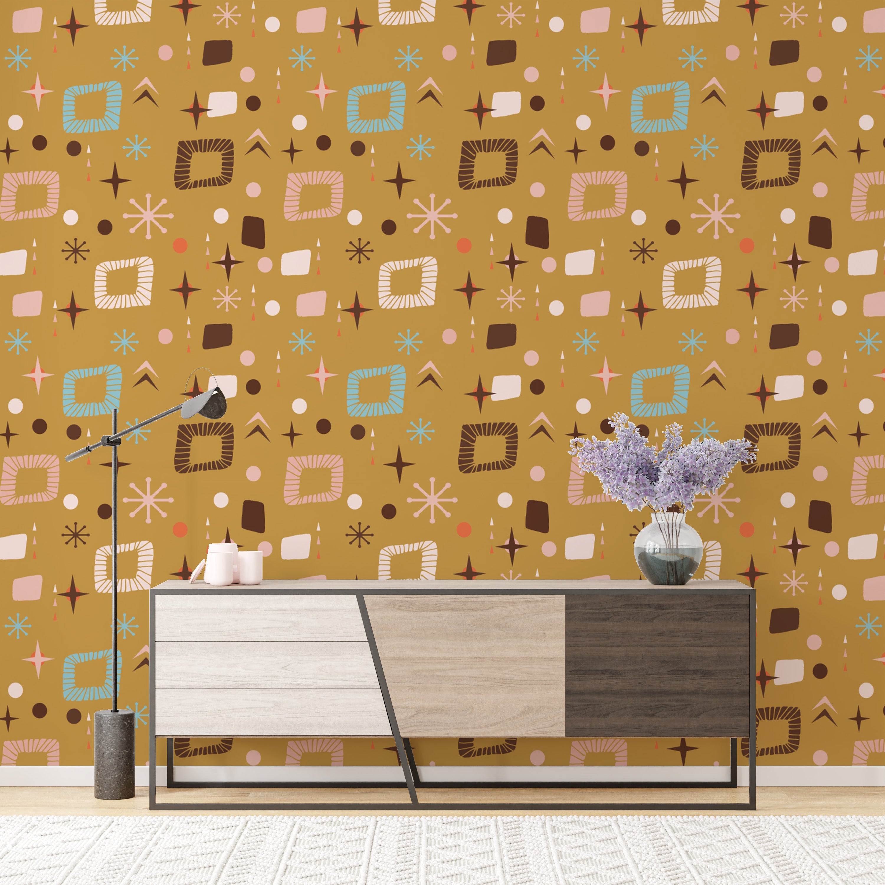 Apricity mural in mustard yellow retro design
