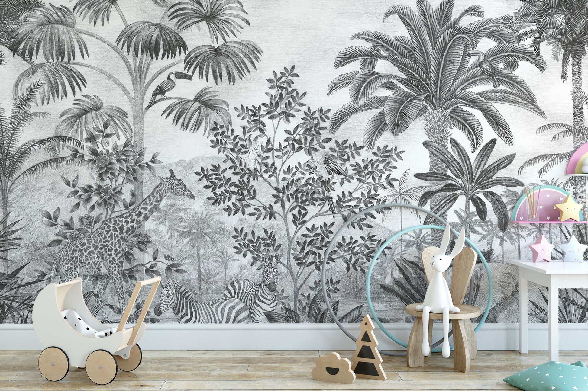 Scenic wildlife wall murals in monochrome
