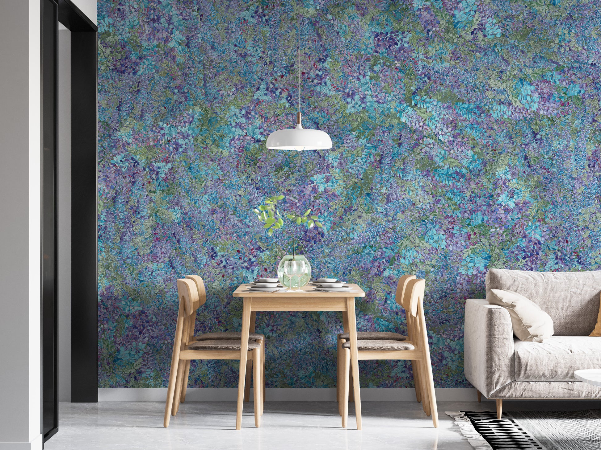 Chic cafe walls with wisteria murals wallpaper design
