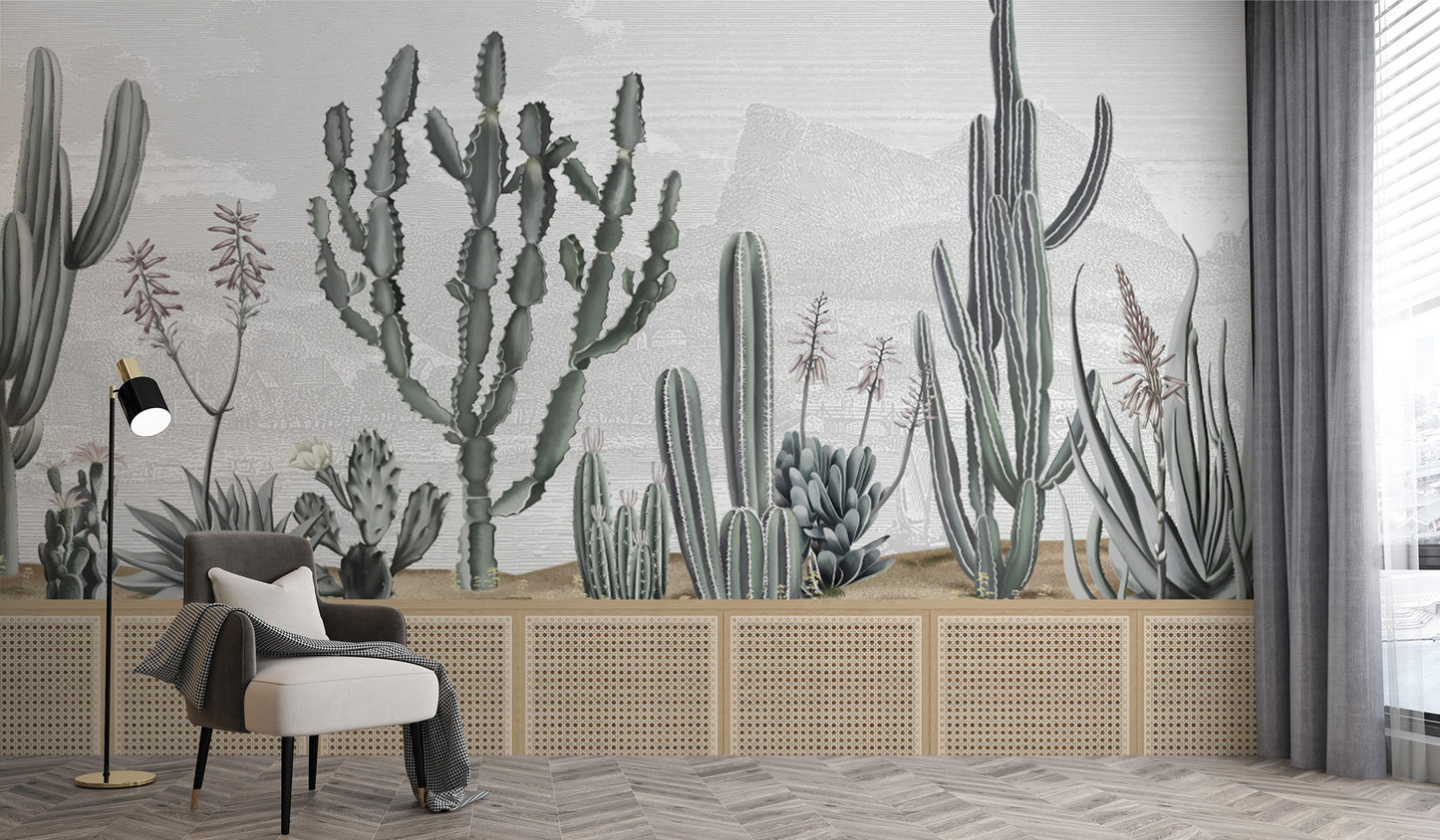 Vintage desert wallpaper with succulents and landscape
