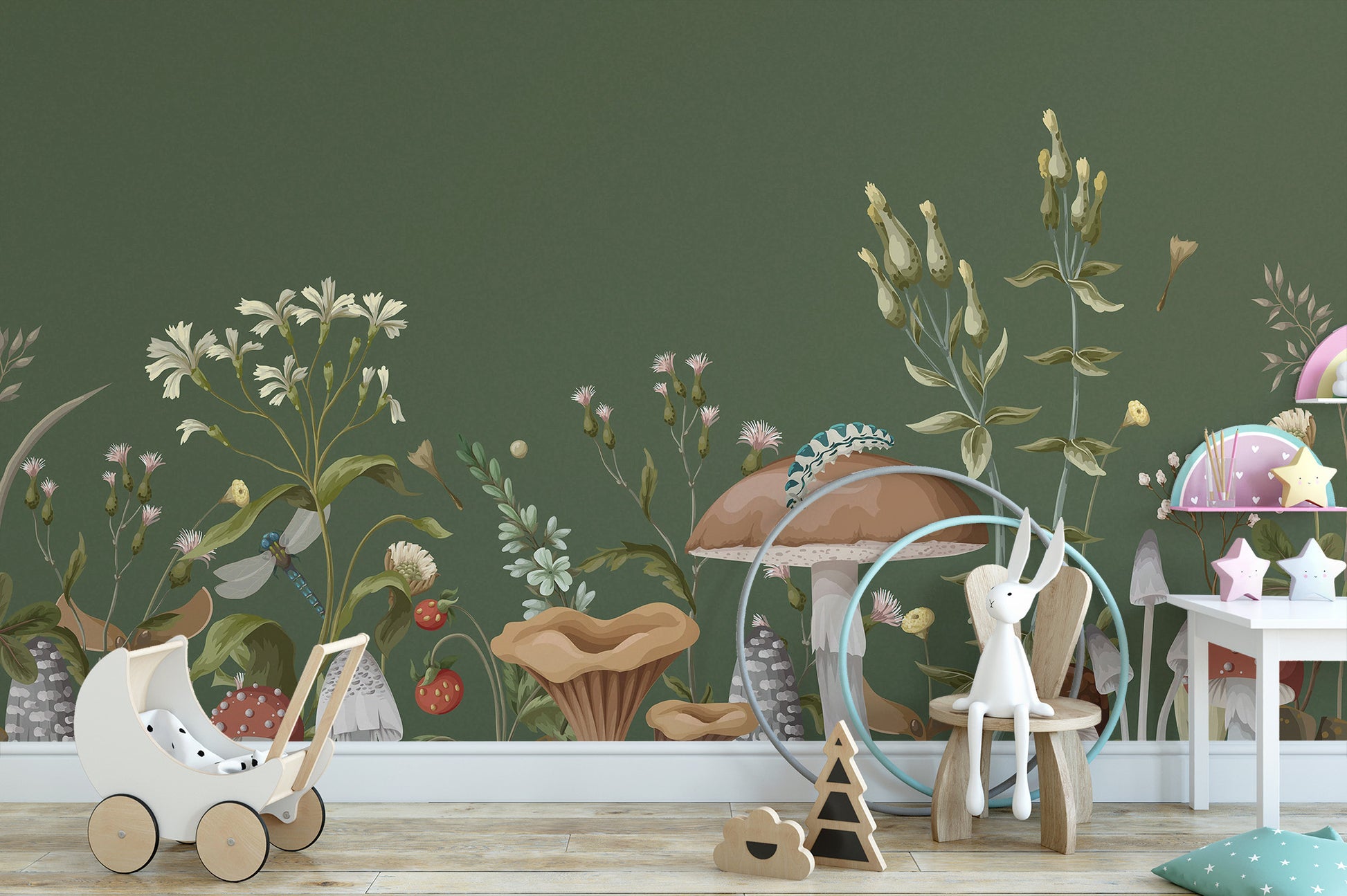 Green Mushroom Garden Wallpaper Mural for cozy interiors
