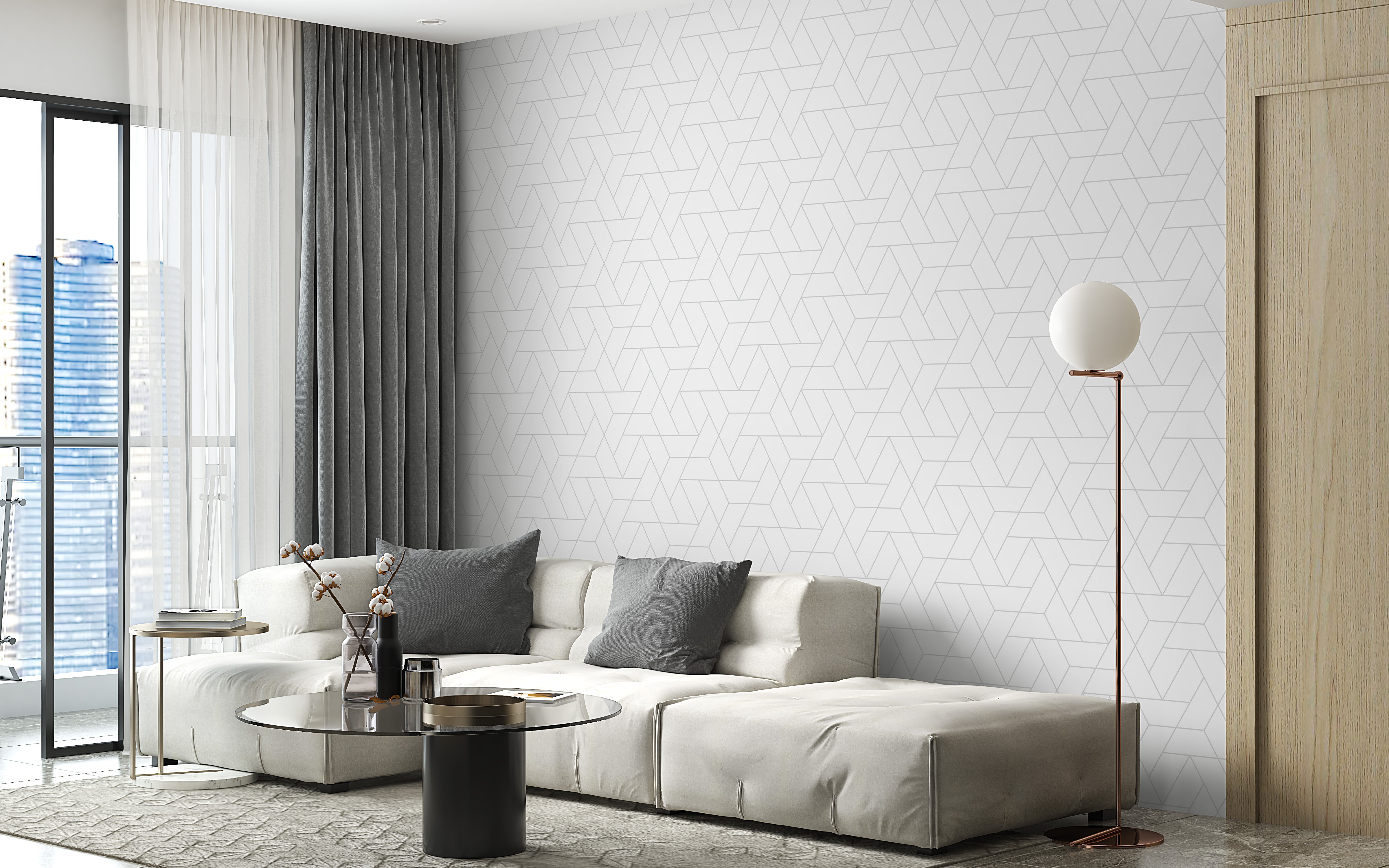 Crisp white geometric wallpaper mural look