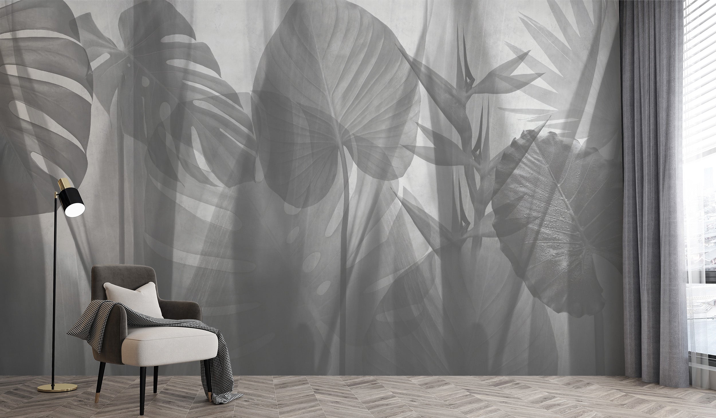 Stylish tropical foliage mural in black and white
