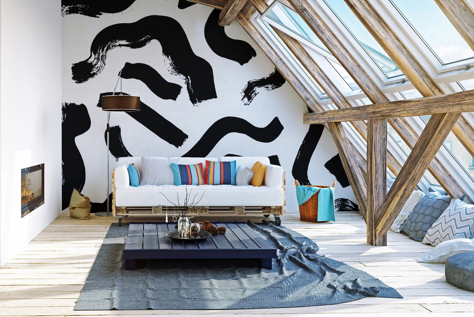 Chic black brushstroke murals enhance living room walls