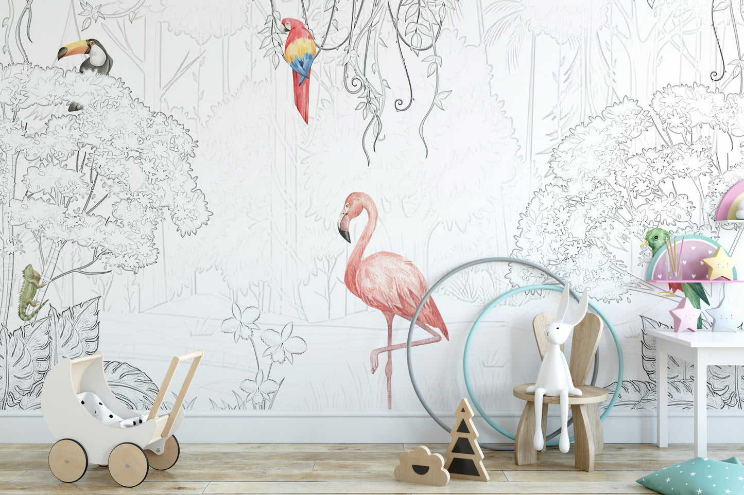 Sketched tropical birds wallpaper mural for unique decor