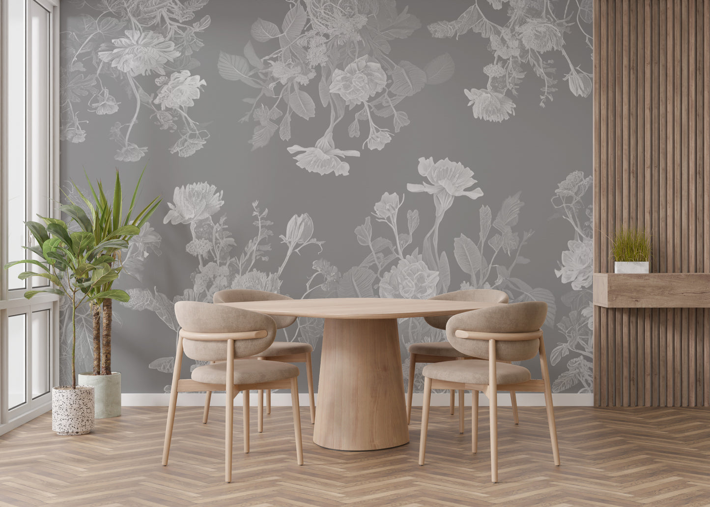 Transform your bedroom with elegant grey flower wallpaper murals.