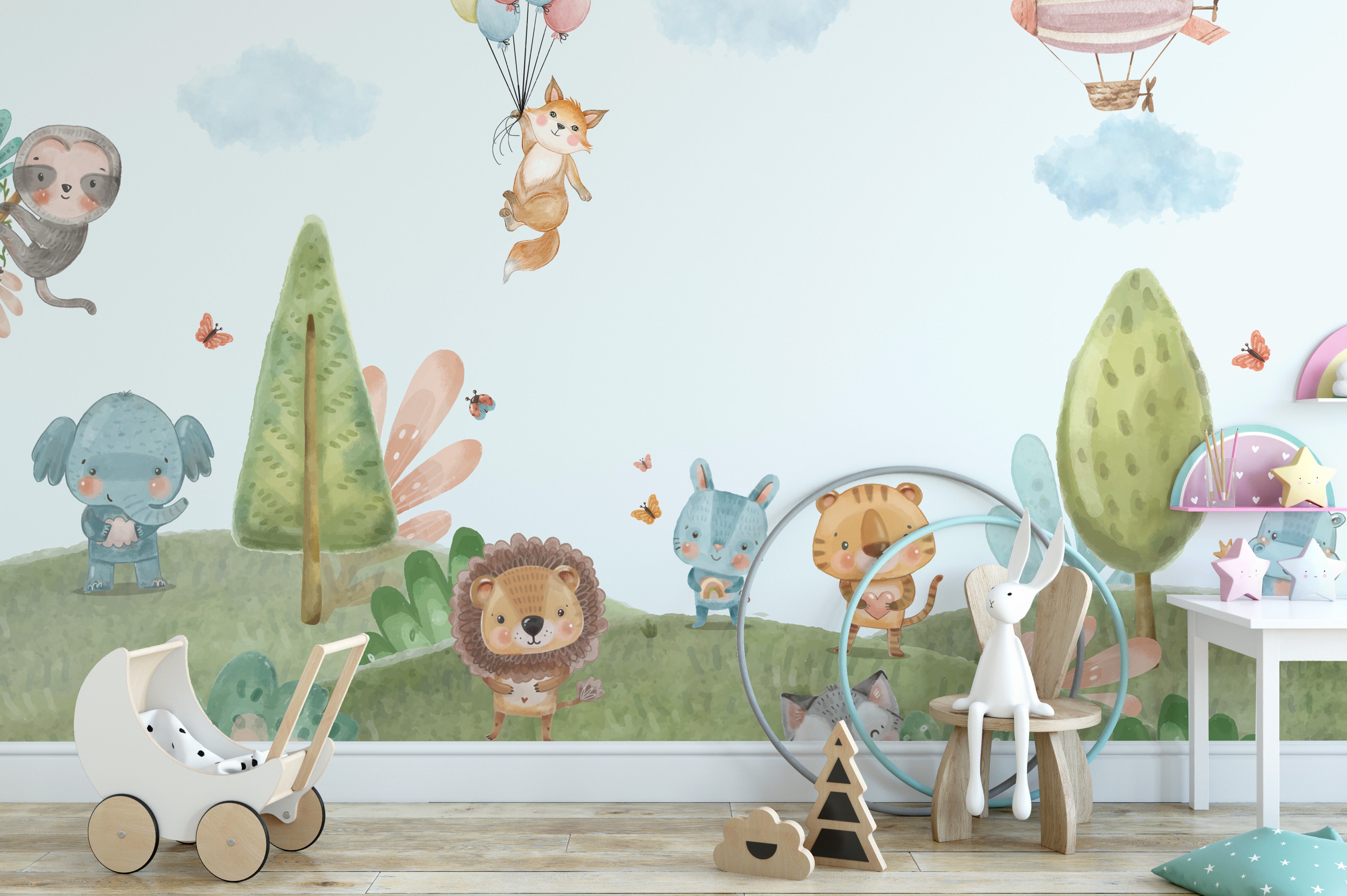 Vibrant critters mural wallpaper perfect for kids’ rooms.
