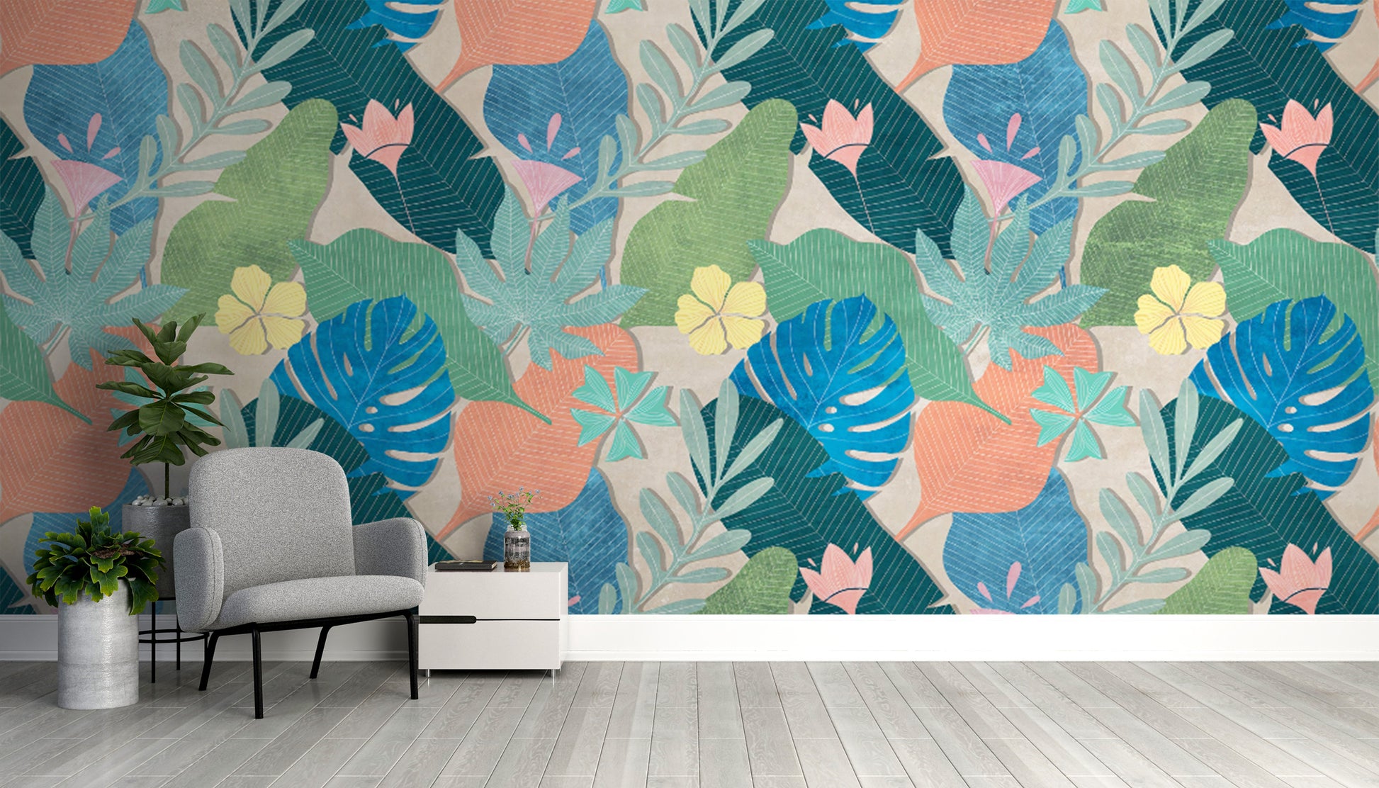 Bold Tropical Leaf and Flower Wallpaper for Modern Homes
