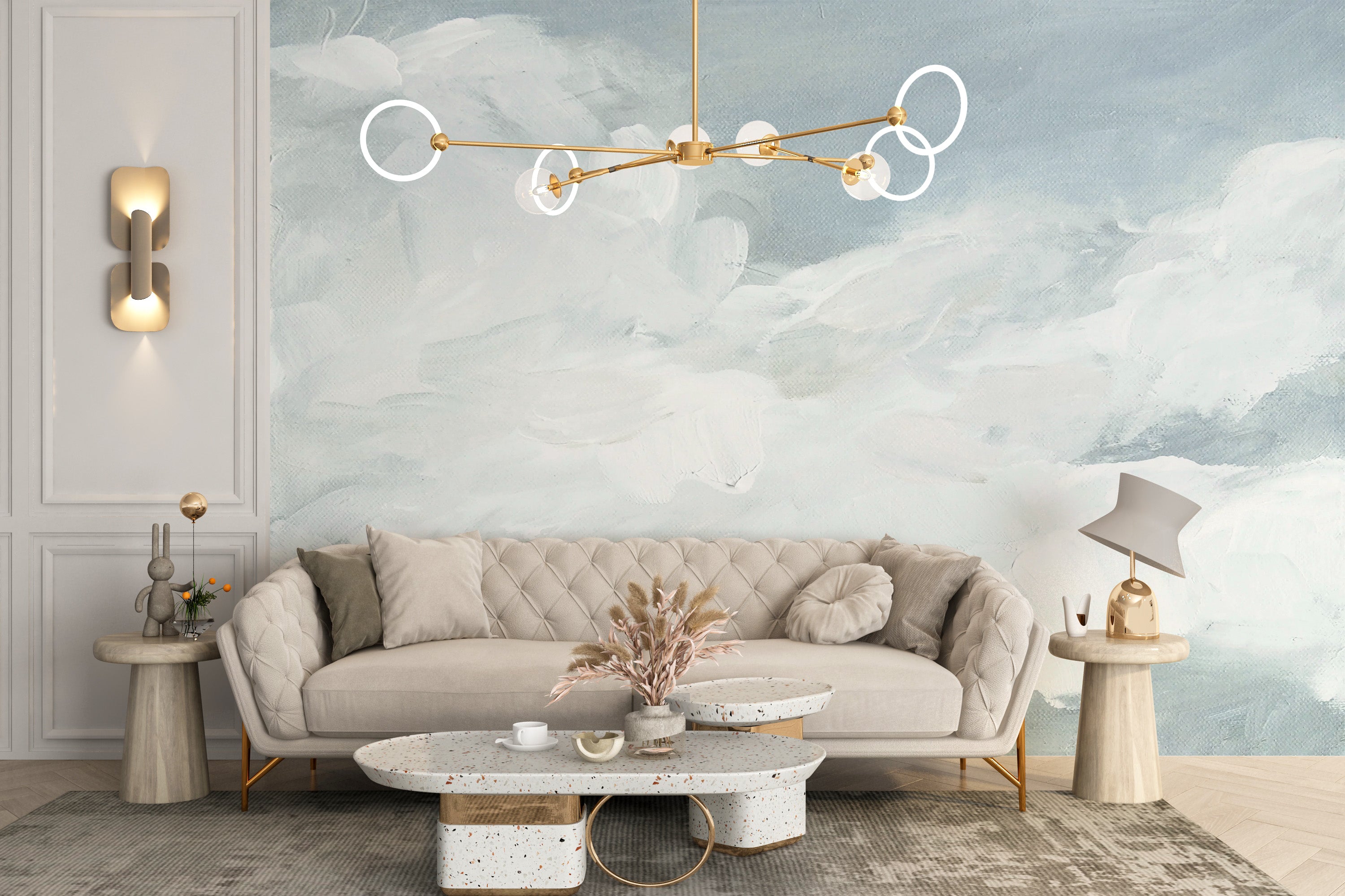 Living room walls shine with watercolor cloud art