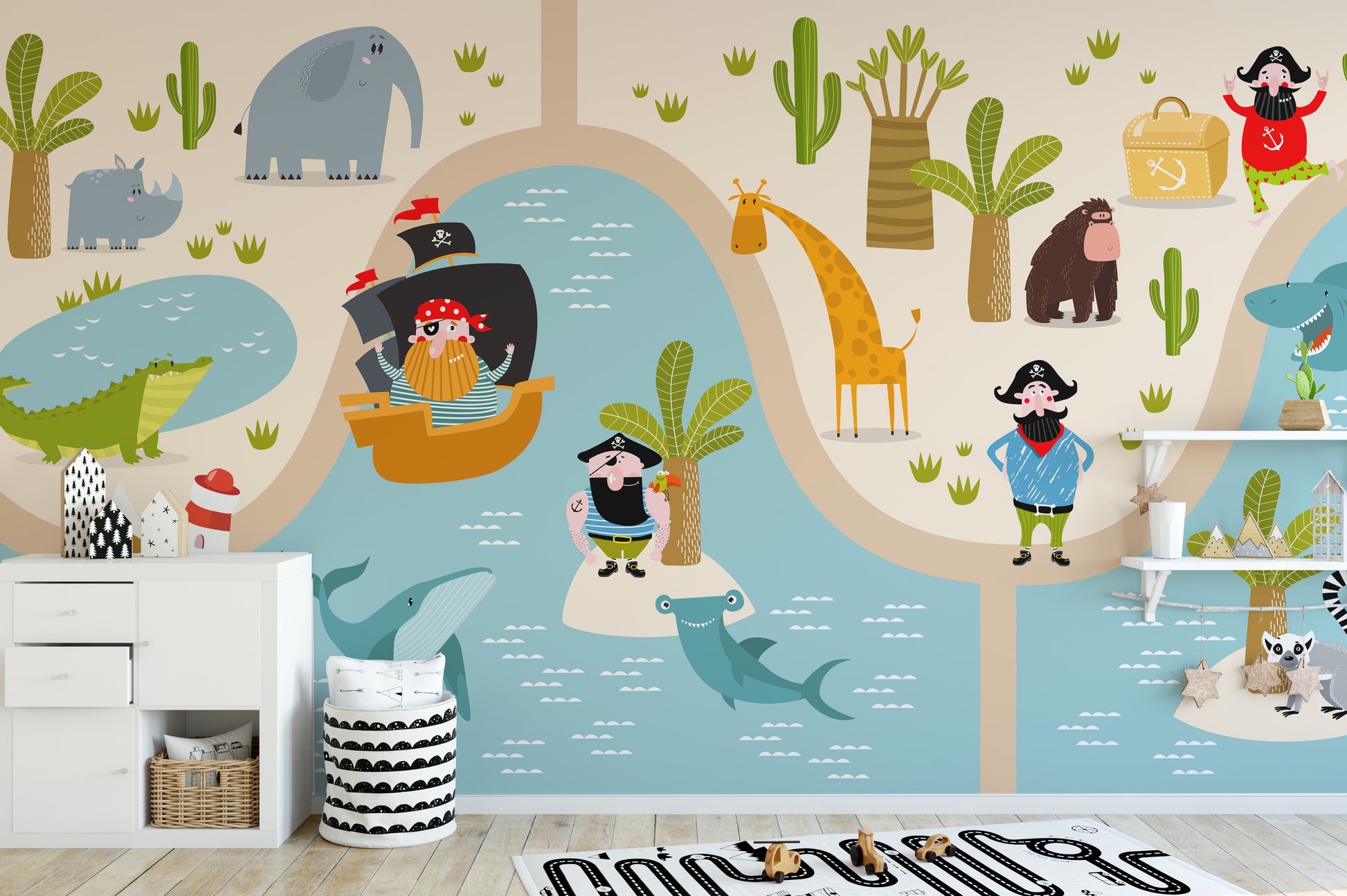 Creative pirate animals themed kids mural