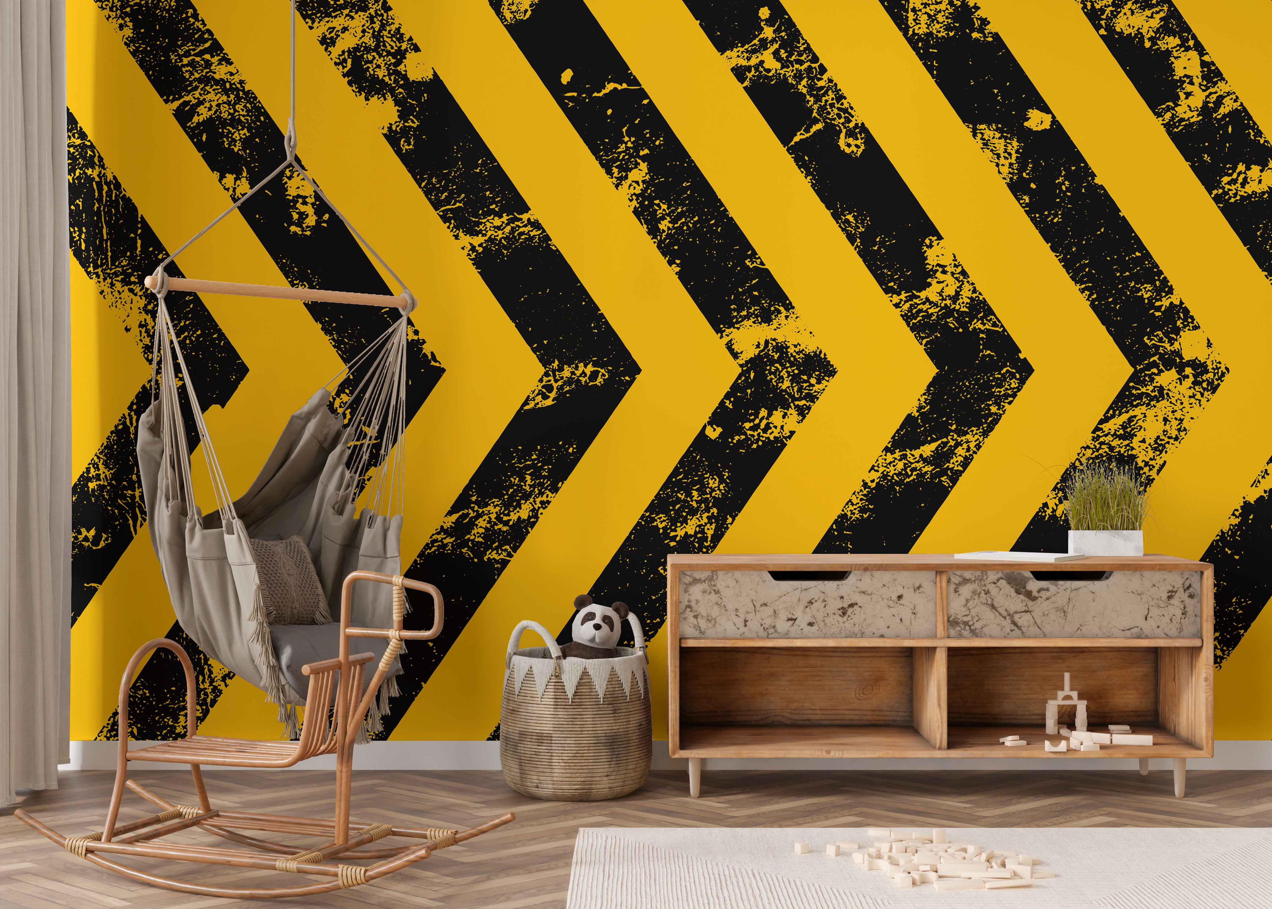 Industrial-style hazard stripe wallpaper
