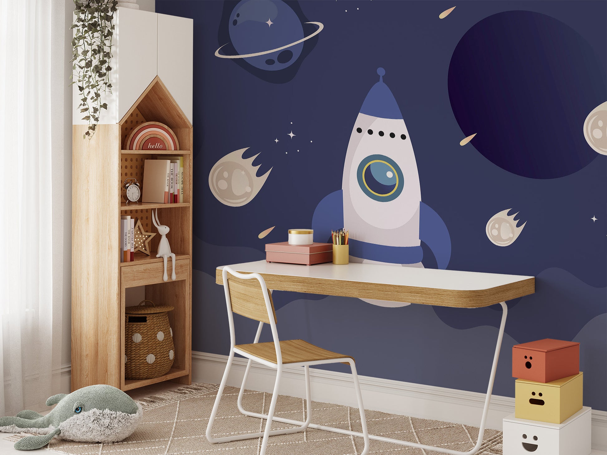 Space-themed wallpaper inspires creativity in kids’ spaces