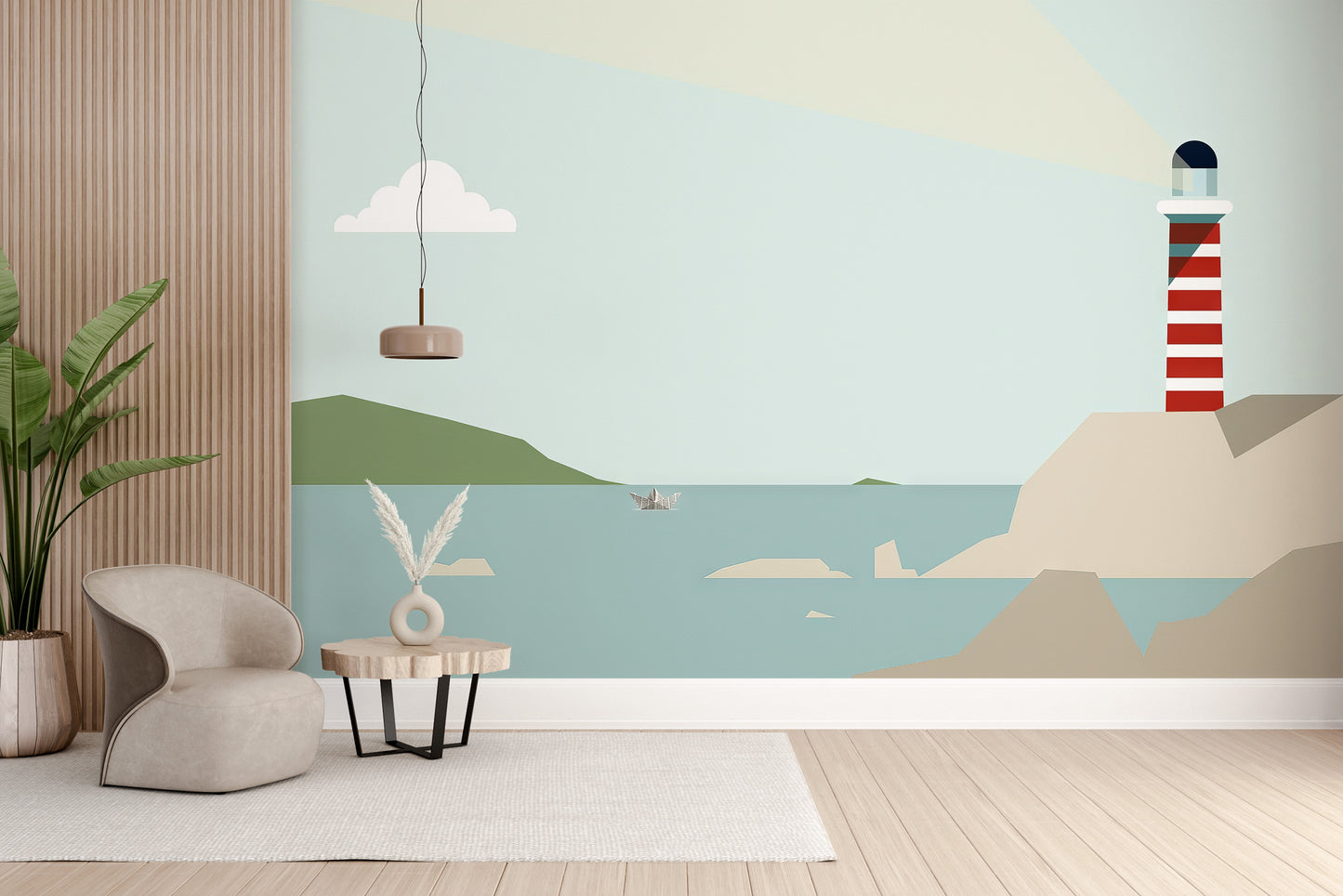 Striped lighthouse wallpaper for nautical-themed rooms
