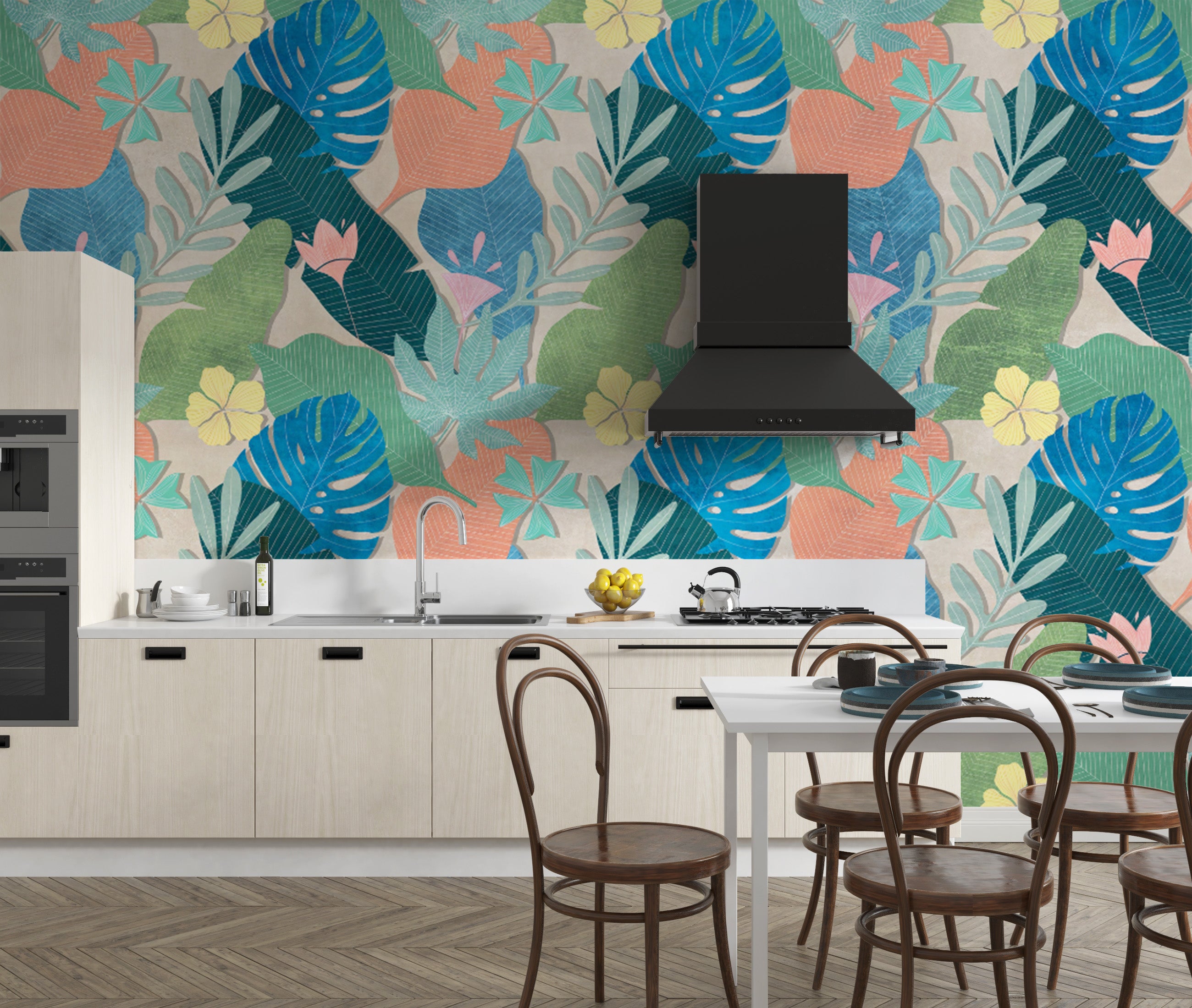 Tropical Leaf and Floral Wallpaper Mural with Vibrant Colors
