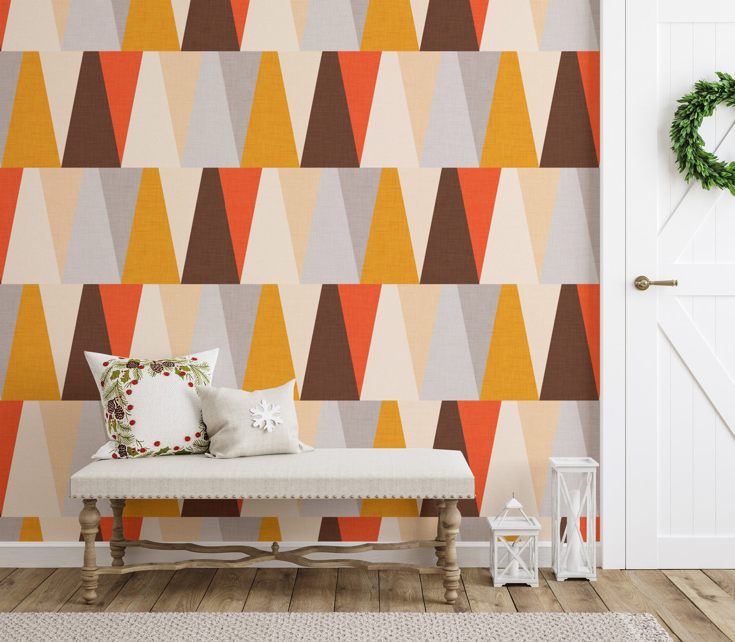 Repetitive triangle wallpaper with orange accents
