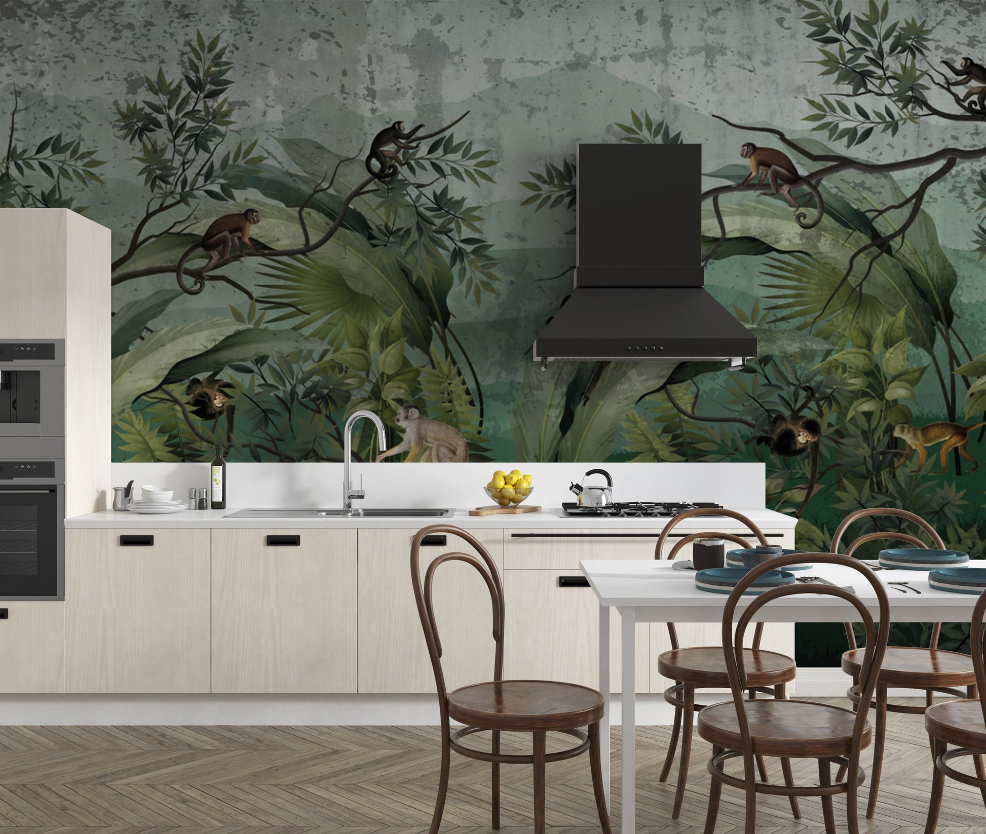 Wildlife-inspired tropical mural with jungle atmosphere




