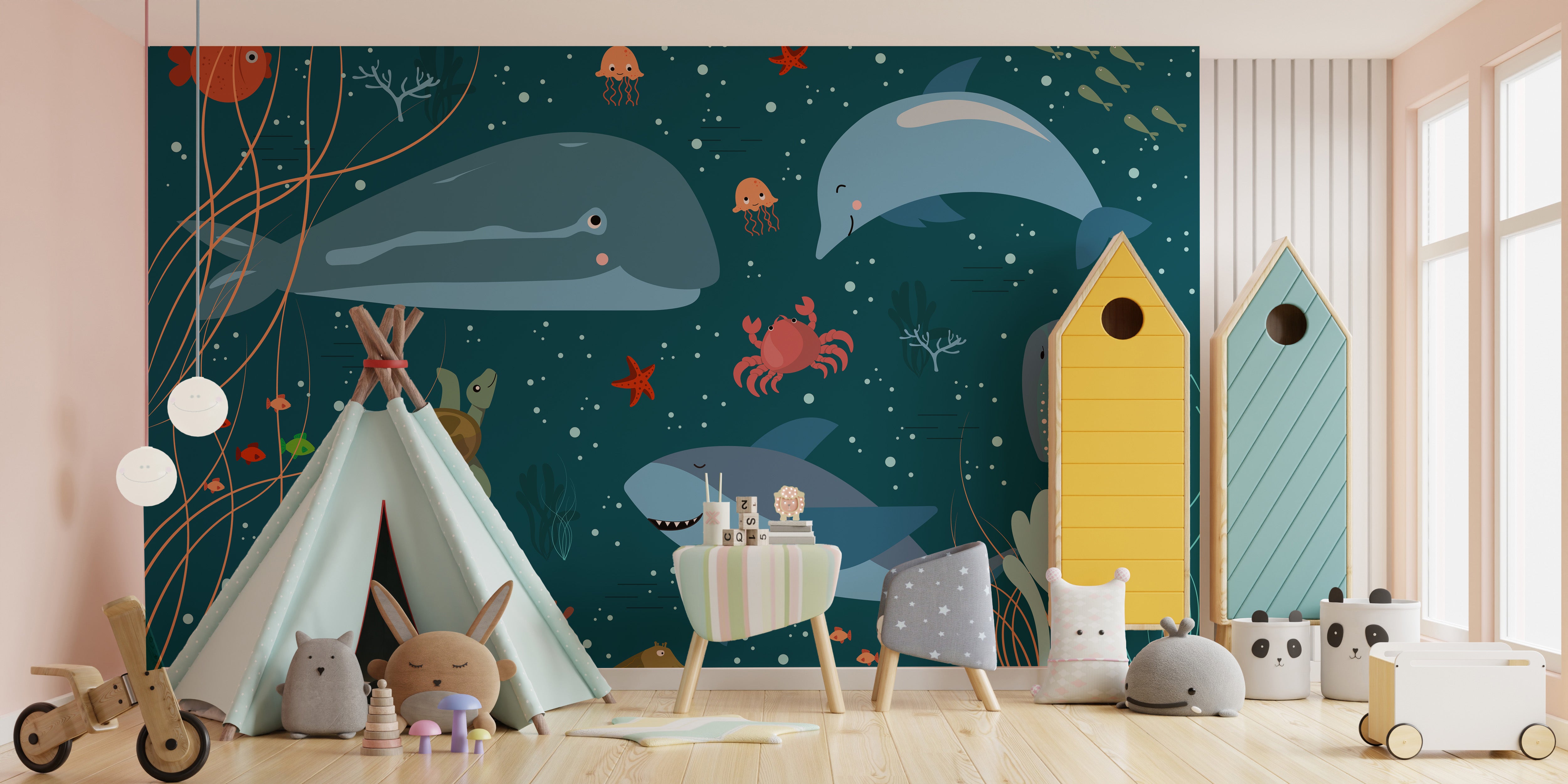 Ocean-inspired mural with cartoon-style whales