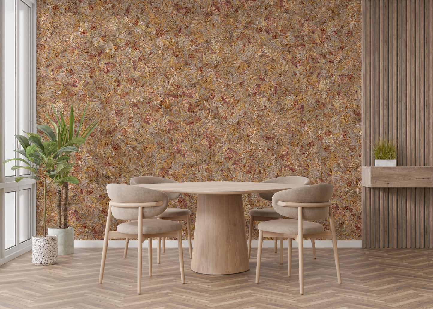 Autumn-inspired leaf wallpaper mural look
