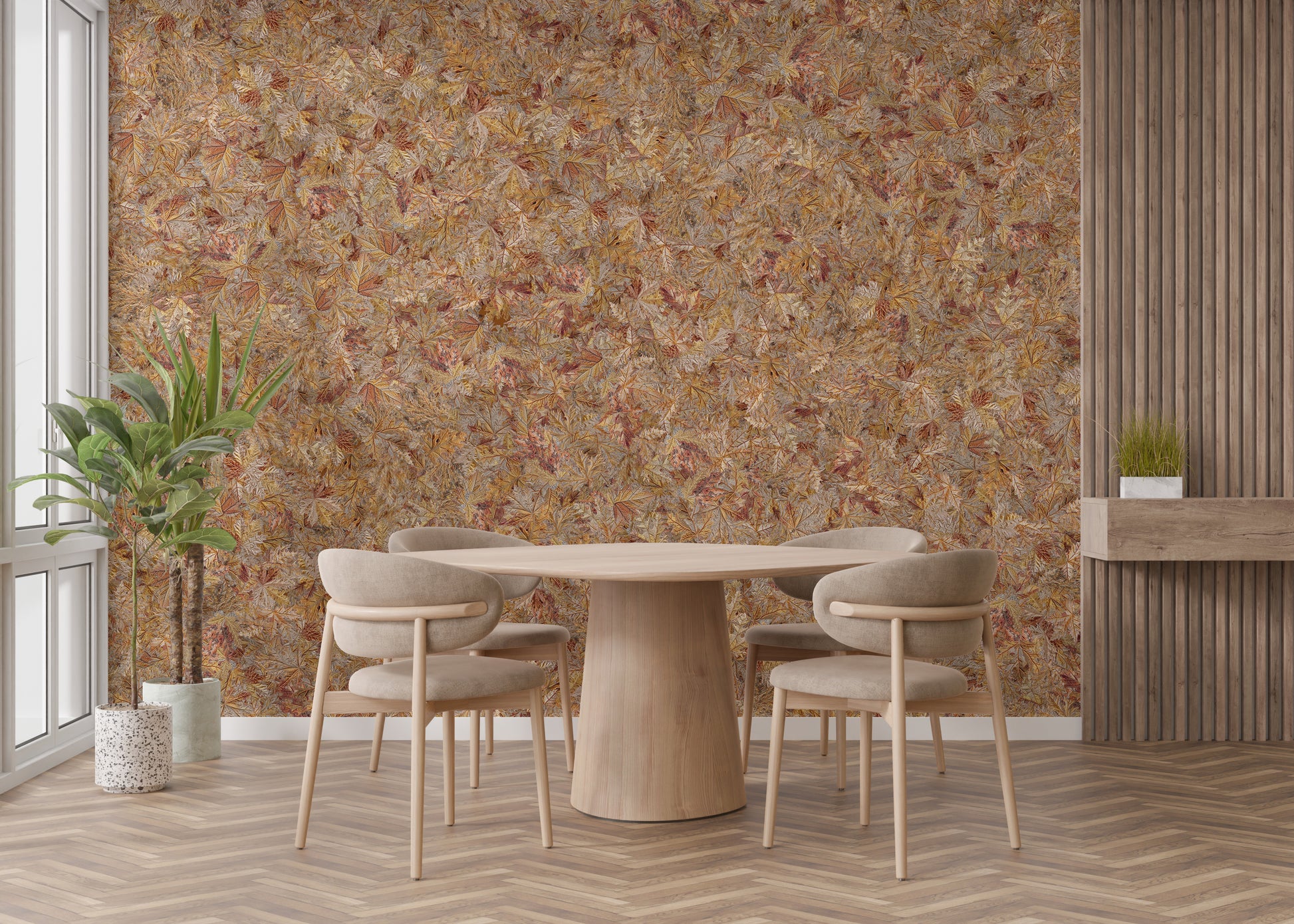 Autumn-inspired leaf wallpaper mural look
