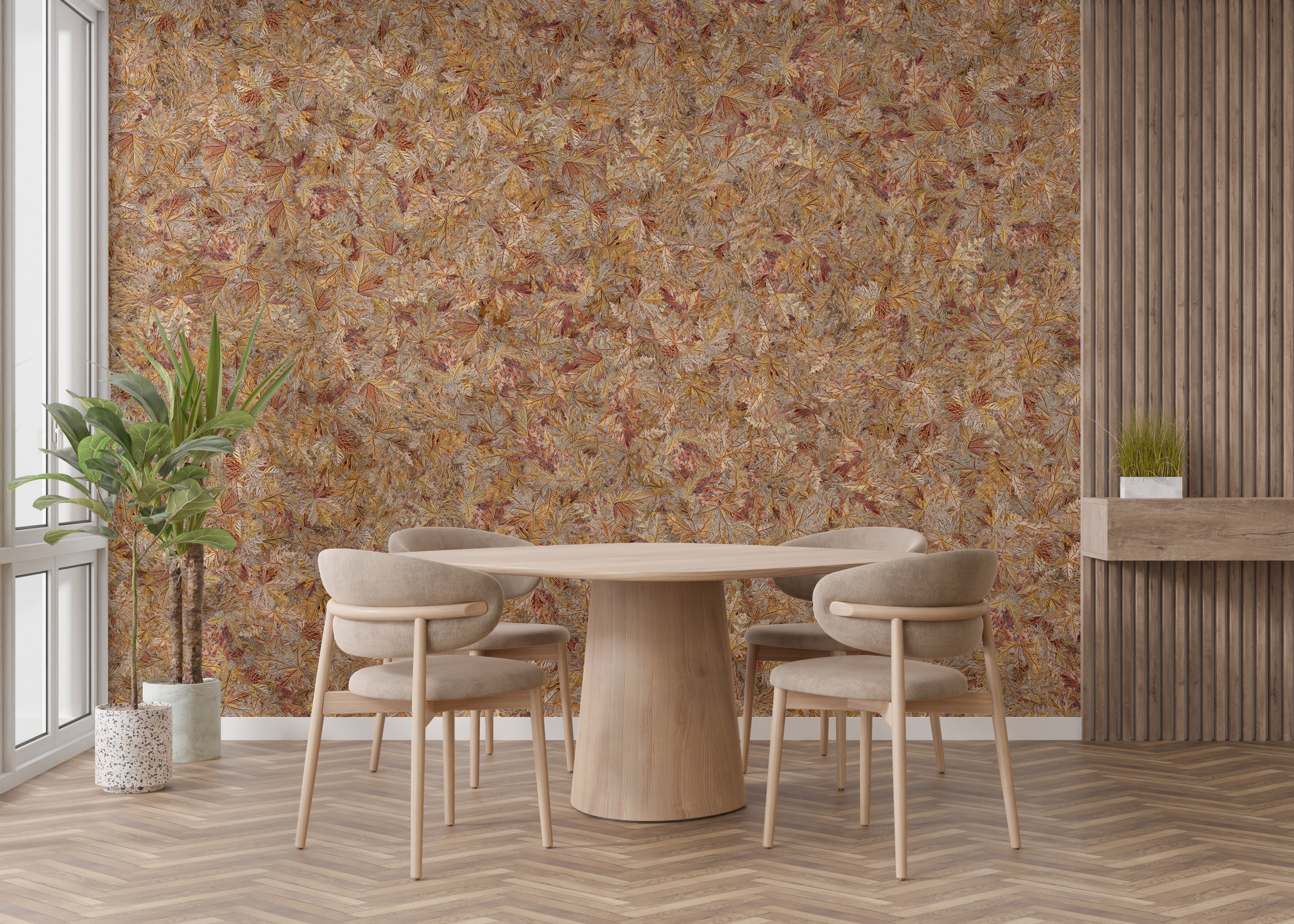 Autumn-inspired leaf wallpaper mural look
