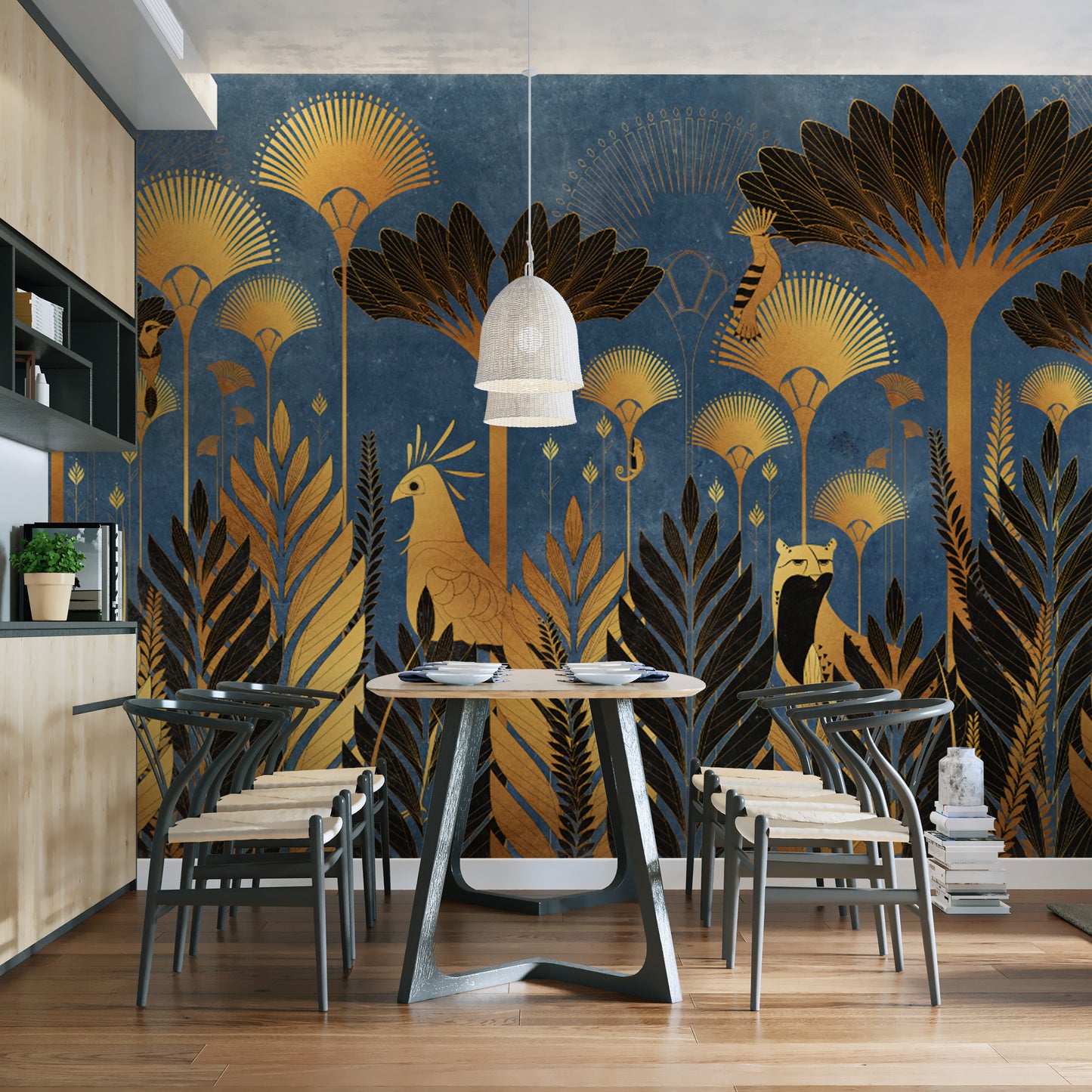 Elegant blue Art Deco jungle wallpaper with intricate designs
