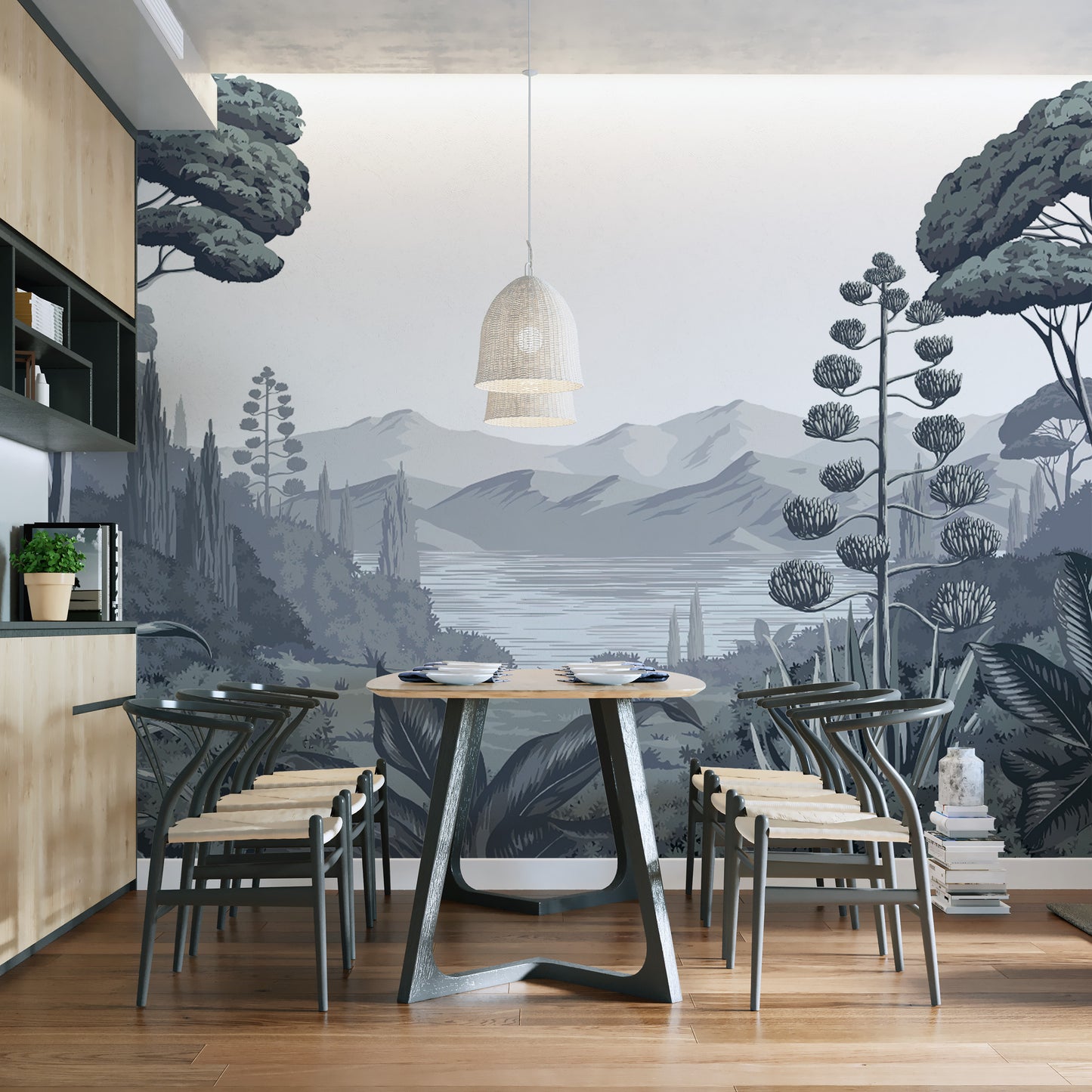 Tropical forest wallpaper mural with scenic landscape
