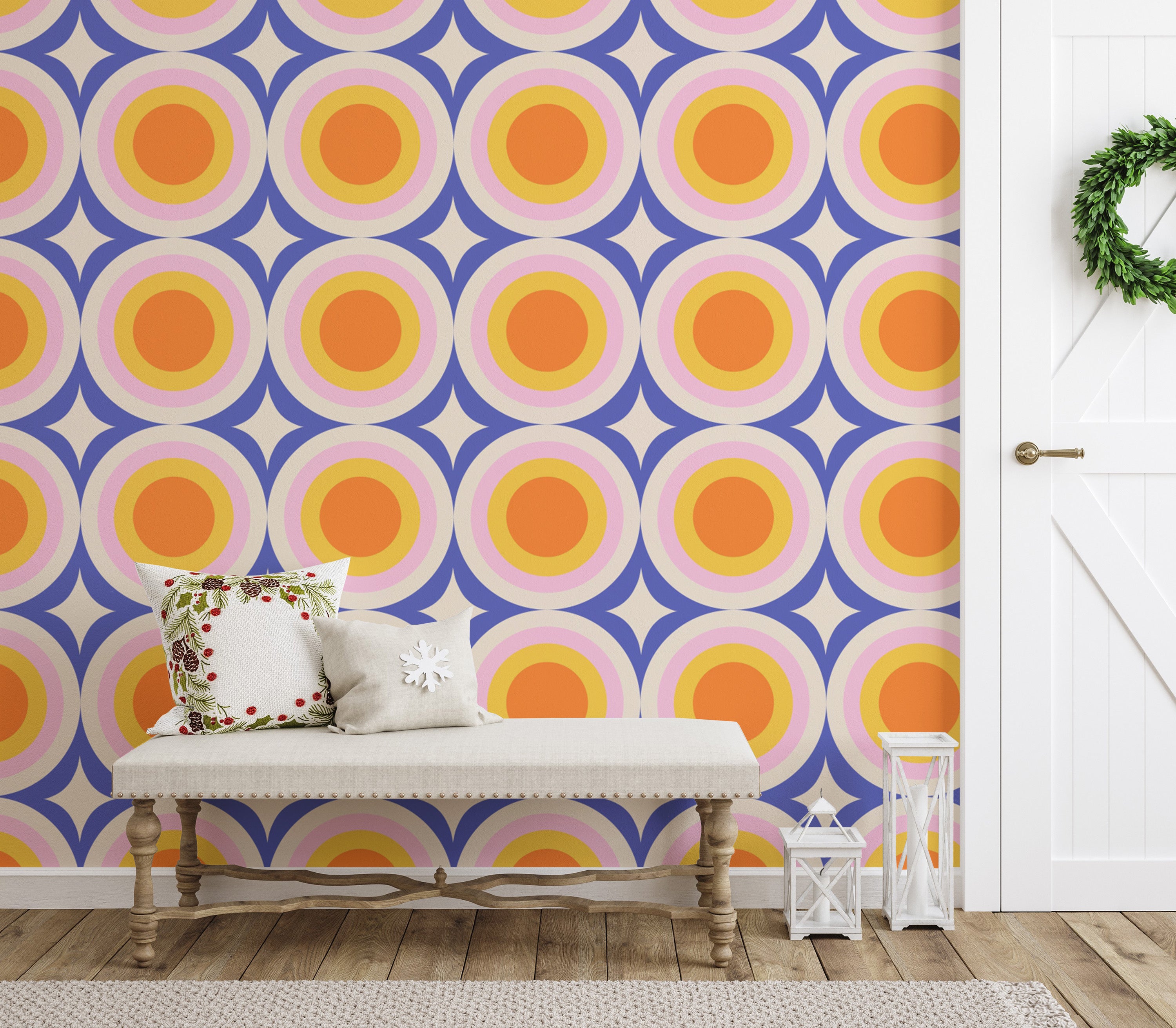 Groovy mural design with orange dot accents
