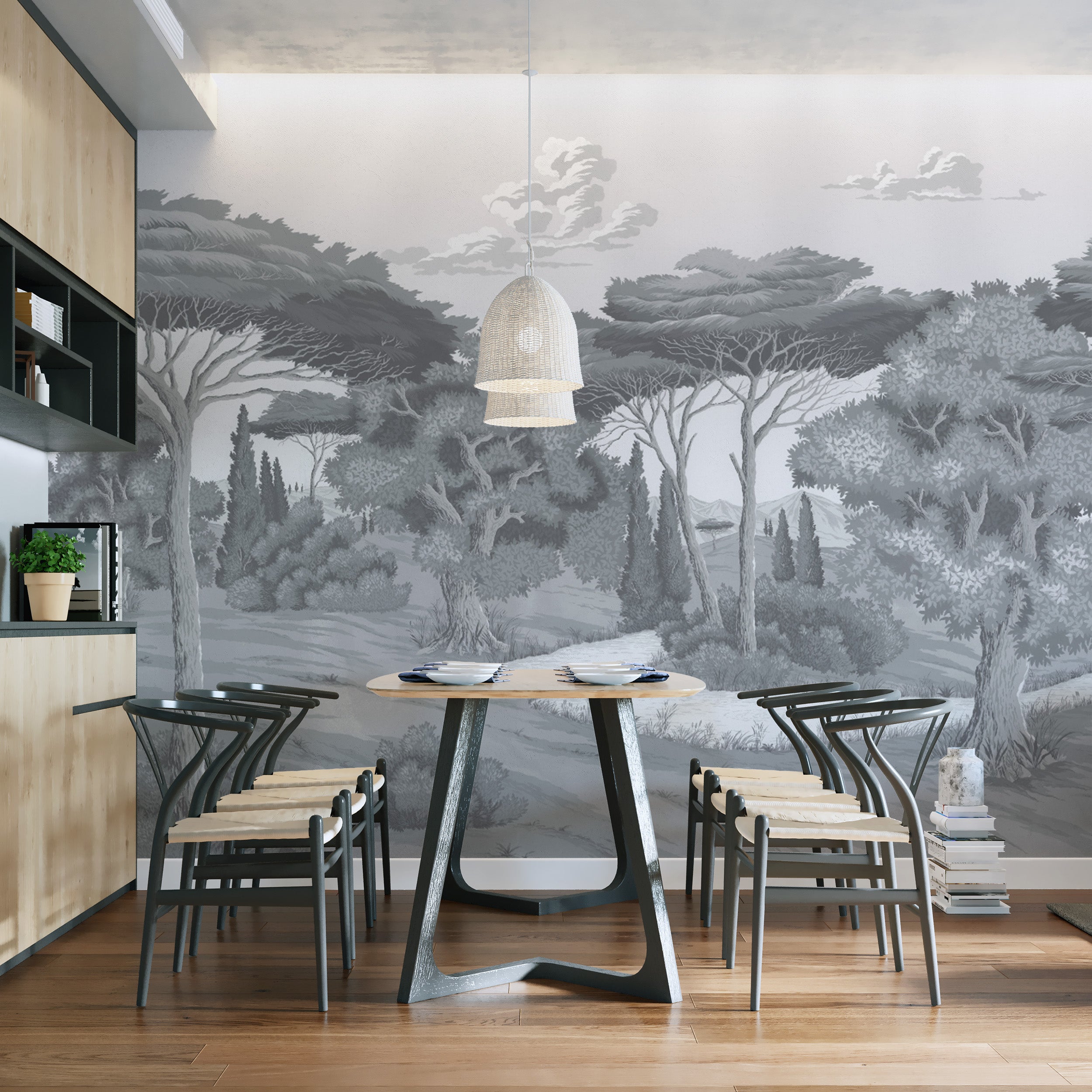 Monochrome scenic landscape wall mural for elegant décor
