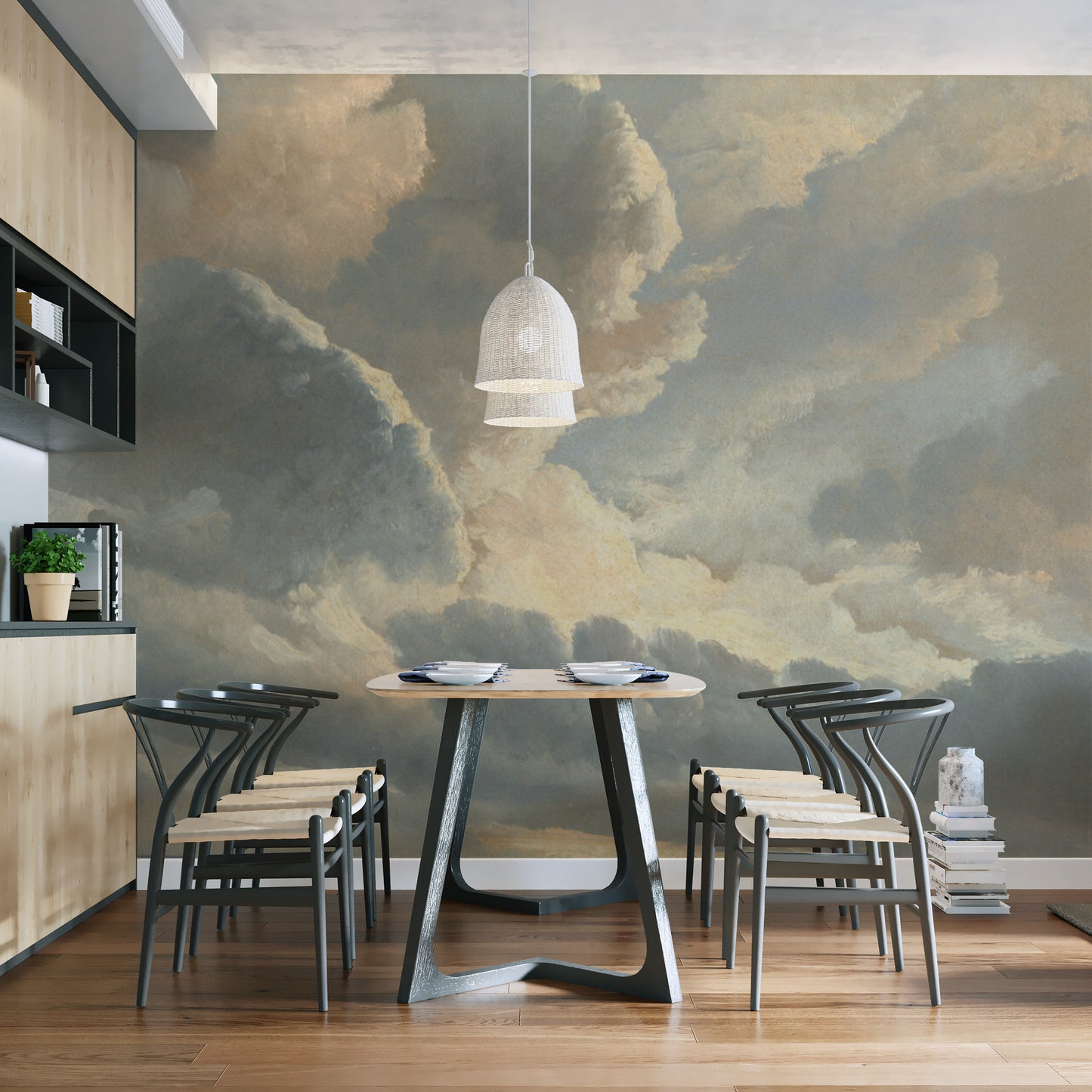 Moody sky artwork mural with dramatic cloud formations
