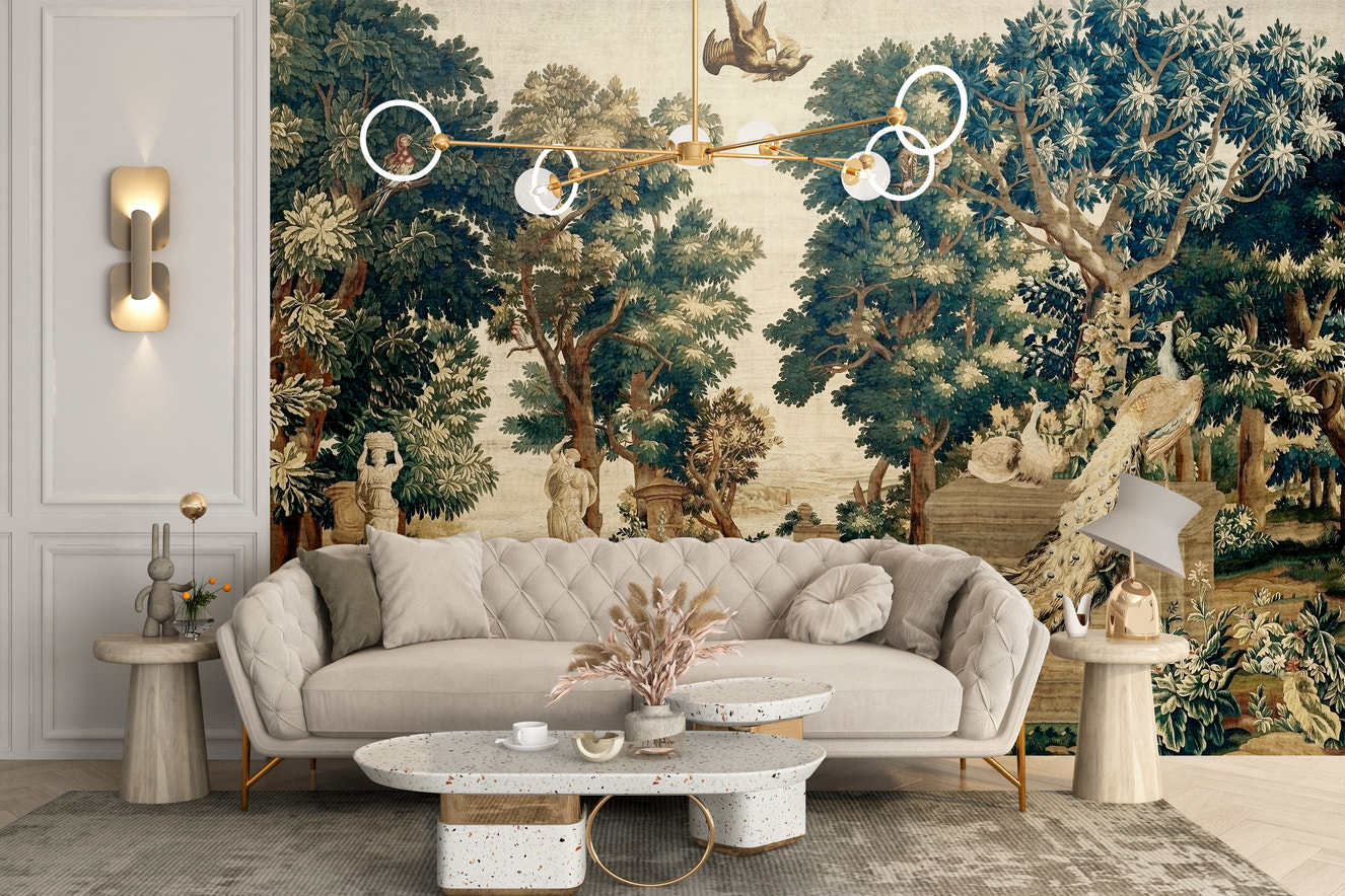 Peacock mural wallpaper with vintage monument design for living area
