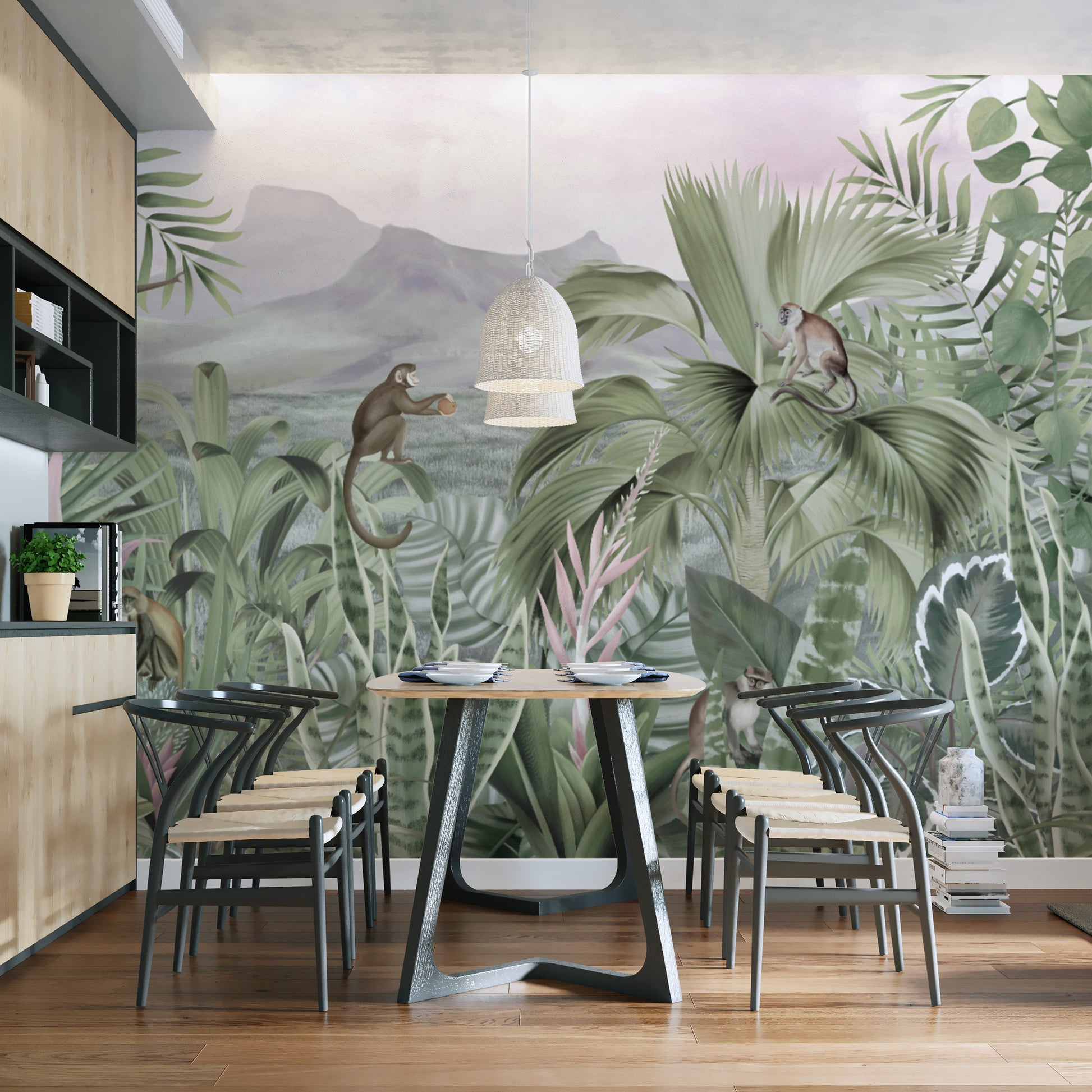 Vibrant palm leaf wallpaper with jungle monkeys
