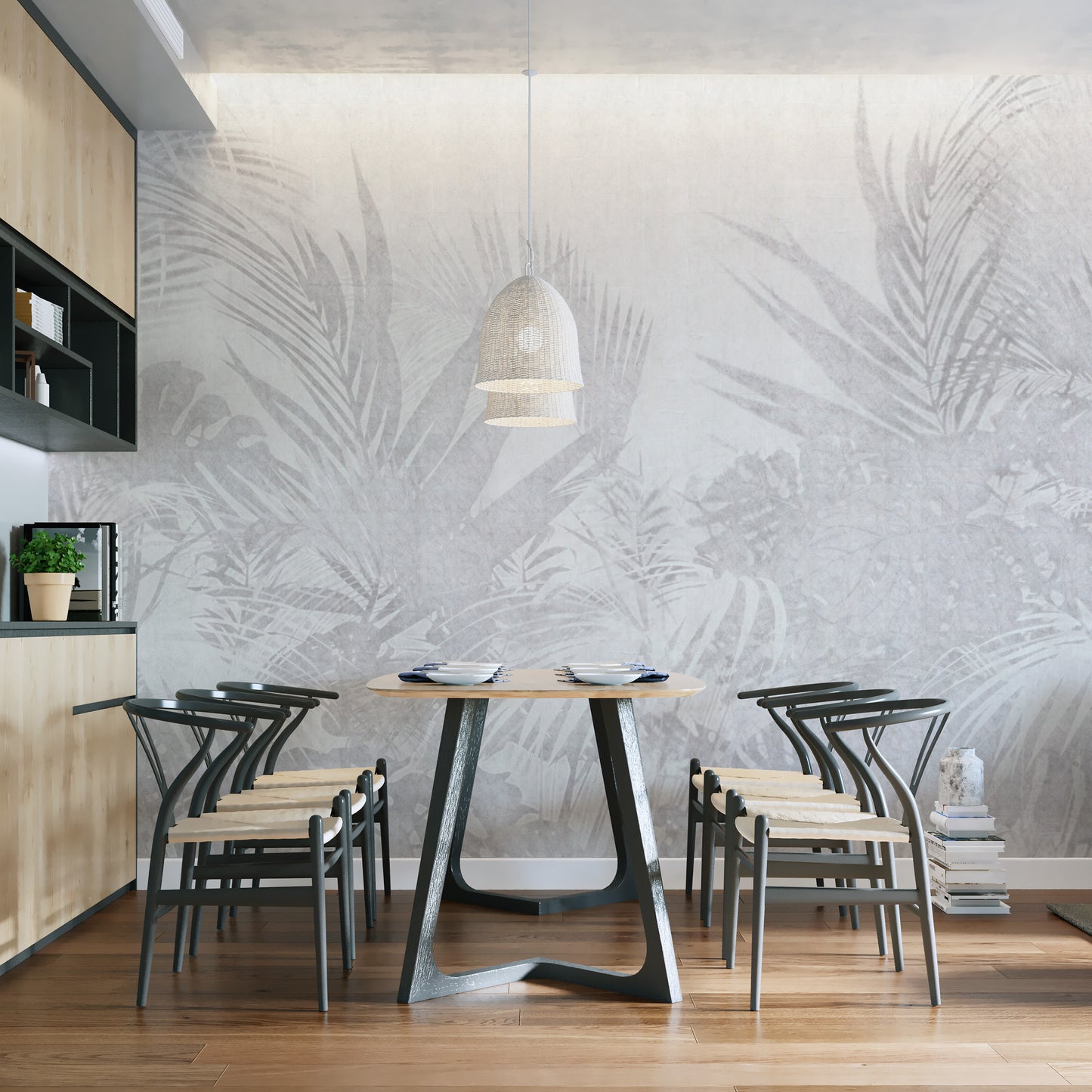 Elegant grey botanical wallpaper with tropical leaves
