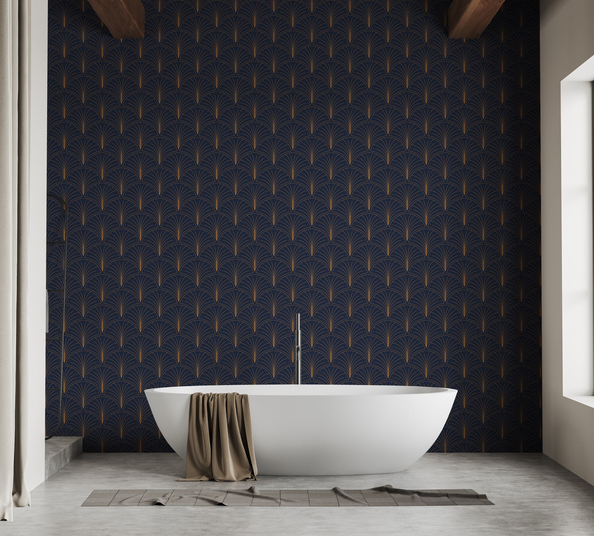 Stylish blue wallpaper with gold pattern
